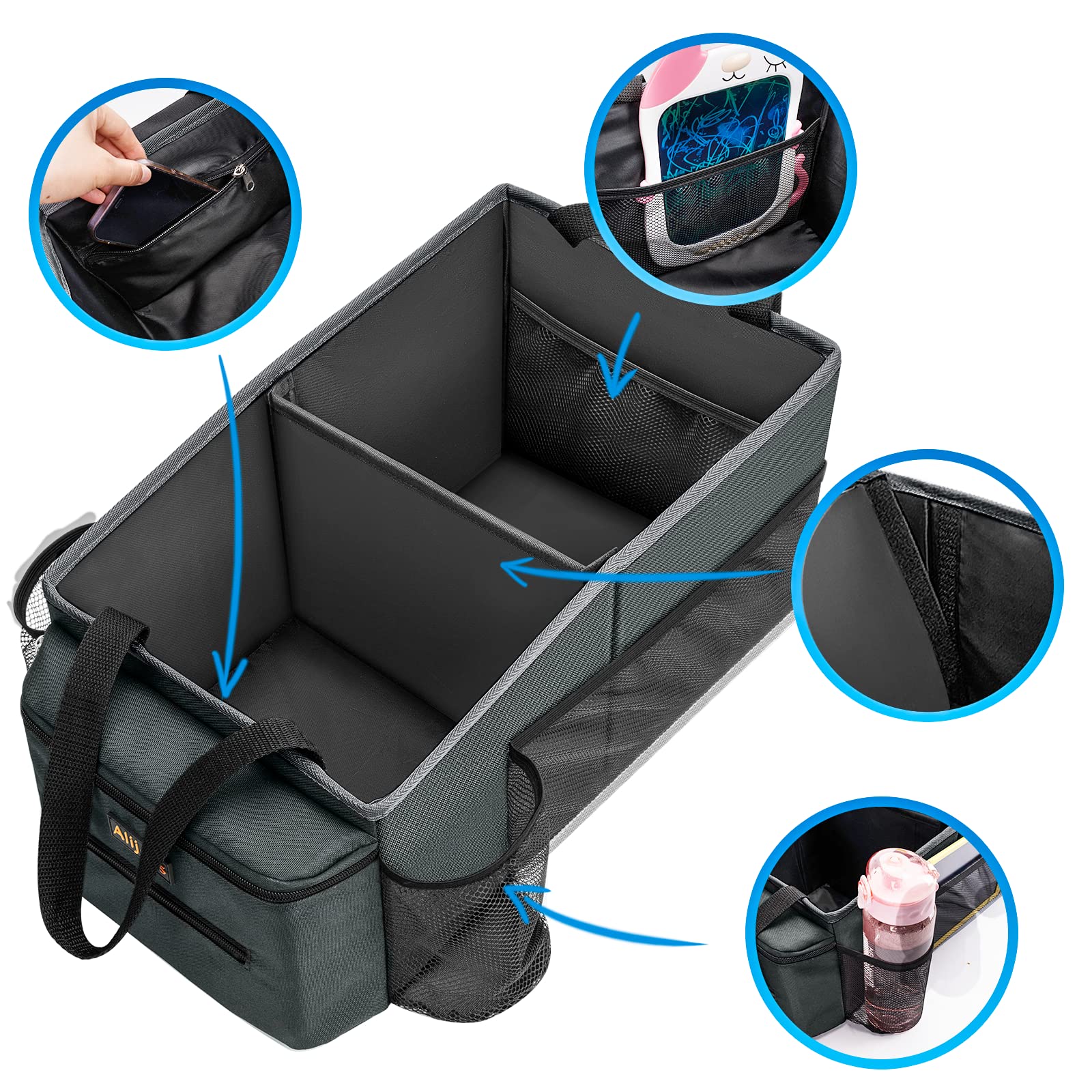 Alijees Car Back Seat Organizer - Grey Oxford Cloth with Cup Holders & Mesh Pockets, Model HW0008-JCX, Ideal for Road Trips