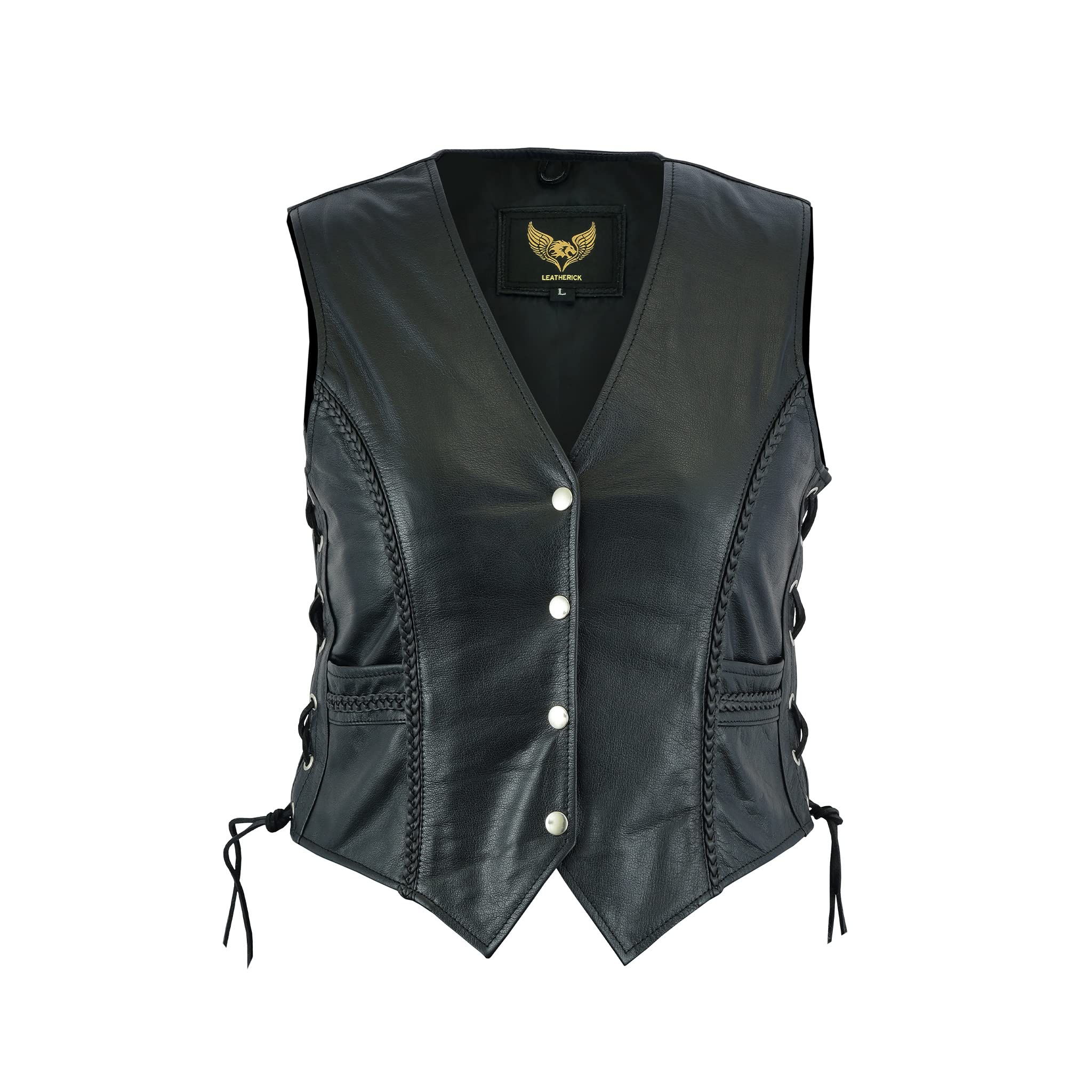 Leatherick Women Top Grain Genuine Buffalo Black Ladies Leather Vests For Motorcycle Bikers (As1, Alpha, 4X_L, Regular, Regular,