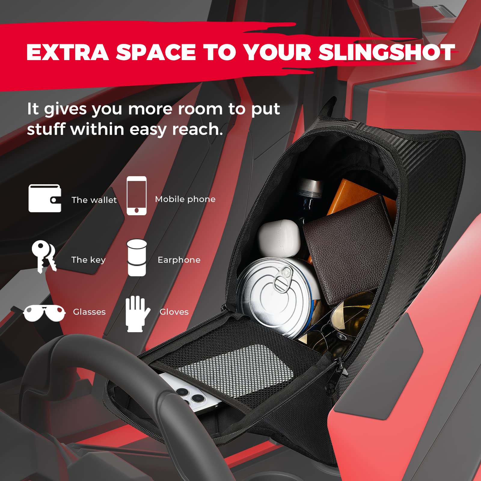 KEMIMOTO Center Console Bag - Large Black Nylon Storage for Polaris Slingshot SL S LE SLR GT 2020-2024 (Model B1501-00901BK)