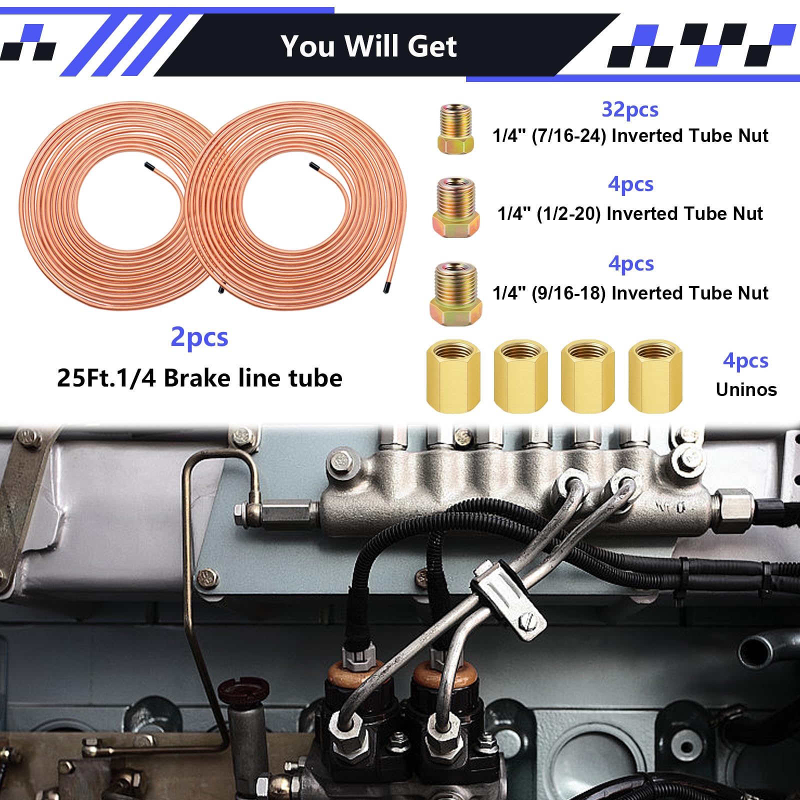 smseace 46Pcs Copper-coat Brake Lines Kit 1/4" for Hydraulic/Fuel Systems, Gold, Model D-G1-027-Gold