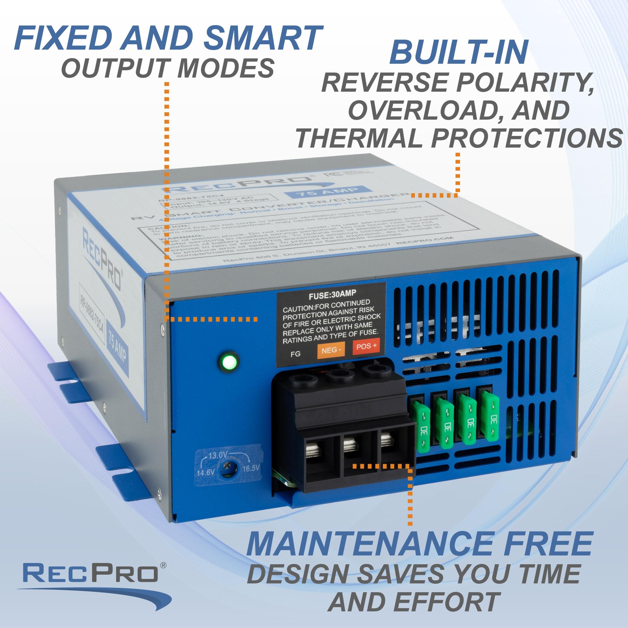 RecPro RV Converter 75-Amp | 120VAC to 12VDC Power Converter & Battery Charger | 13V-16.5V Operating Range