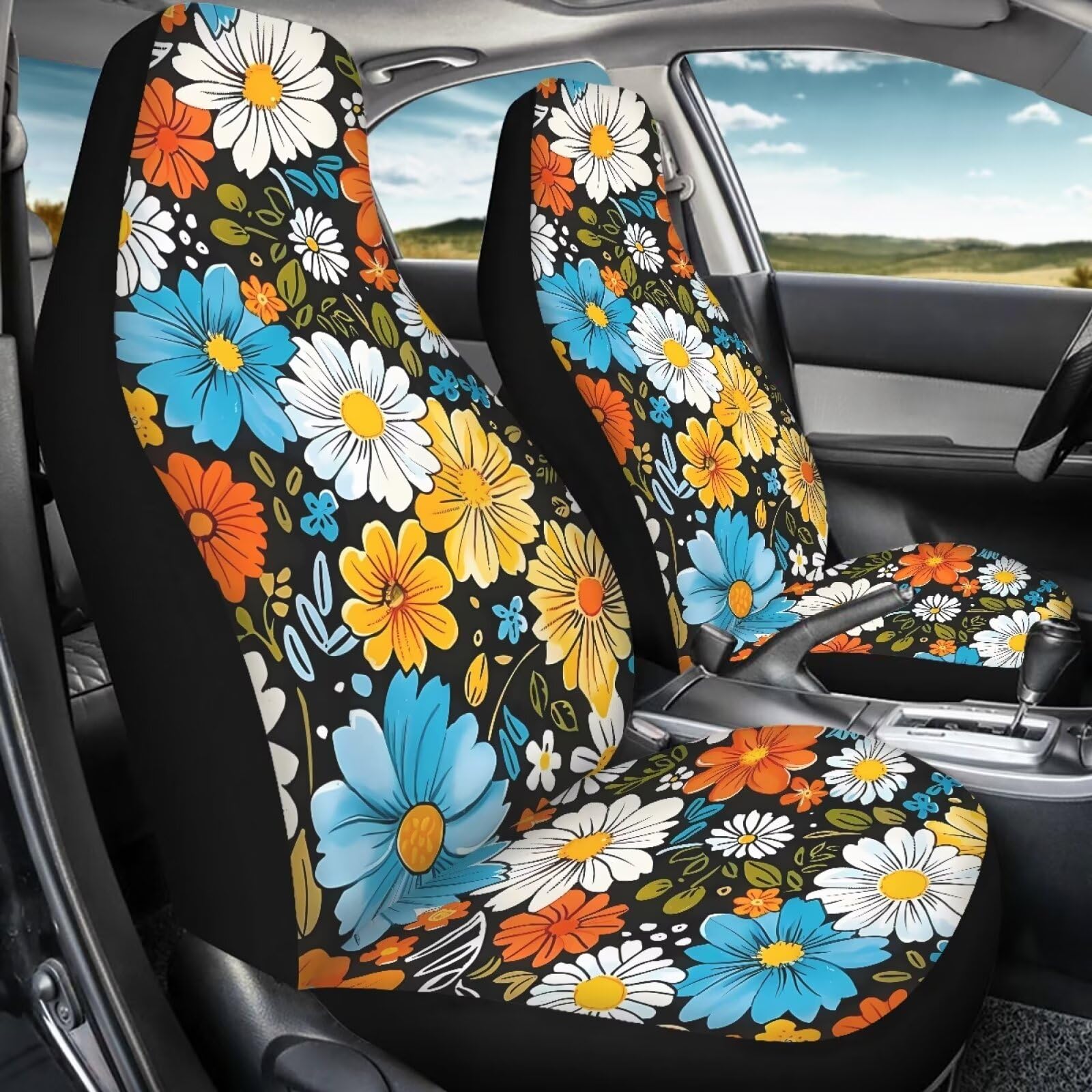 Bigcarjob Hippie Daisy Car Seat Cover Set For Front Seat Only,2 Pack Blossom Flower Printed Auto Front Seat Protector Saddle Bla