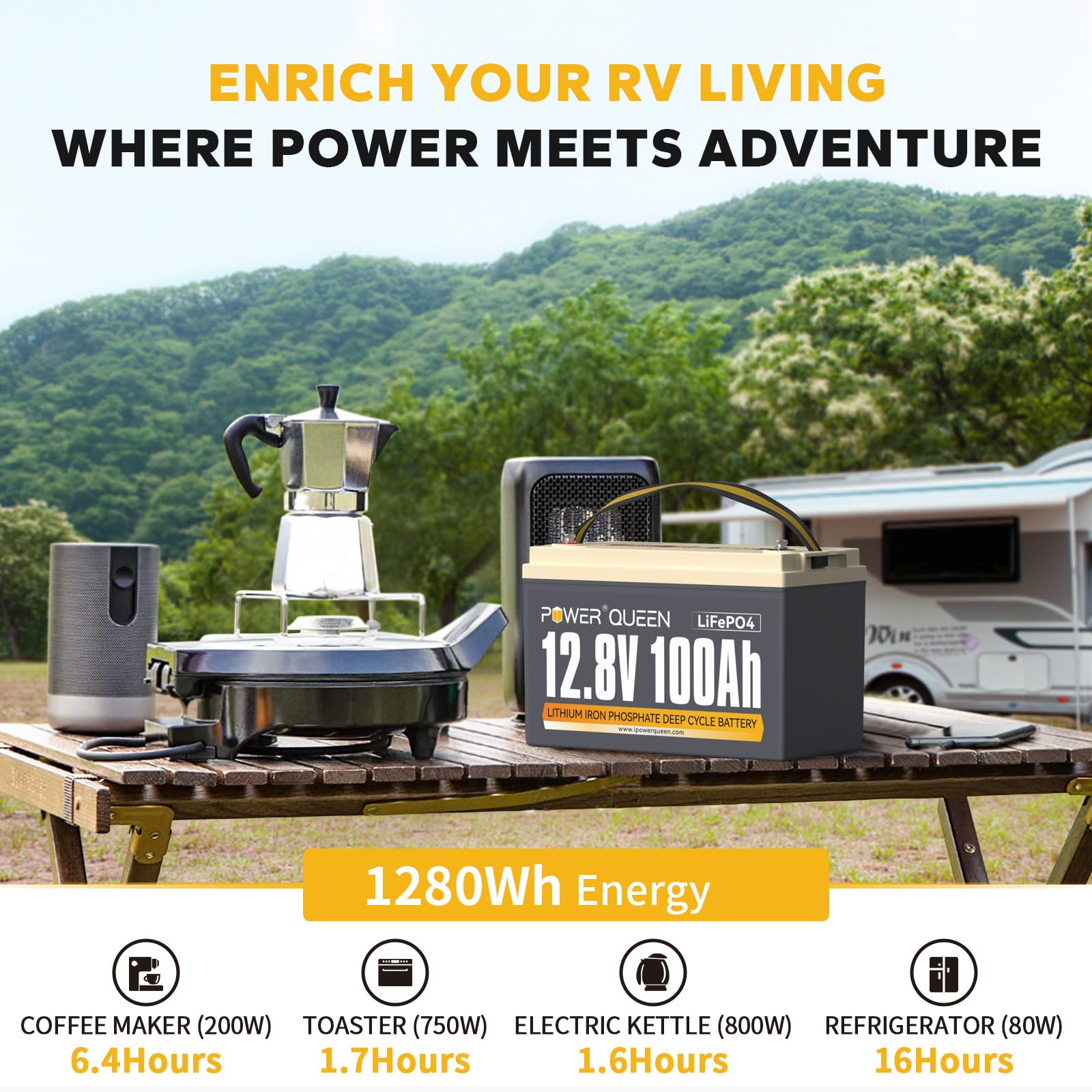 Power Queen 12V 100Ah Lifepo4 Lithium Battery - Deep Cycle, 1280Wh, 15000 Cycles, RV Solar, Off-Grid, Marine, Group 31