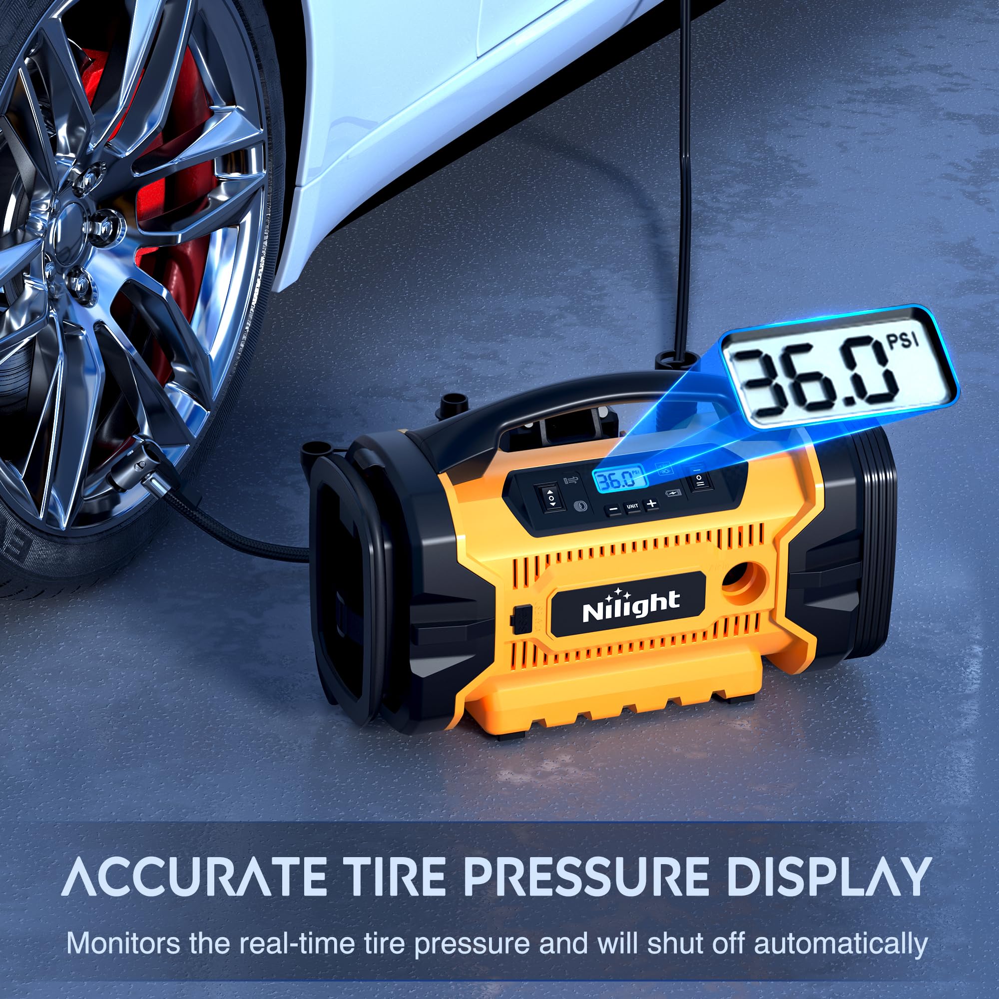 Nilight Portable Air Compressor Tire Inflator Ac/Dc Dual Power Sources Tire Pump 160Psi Dual Motors Fast Inflate Auto Shutoff Ai