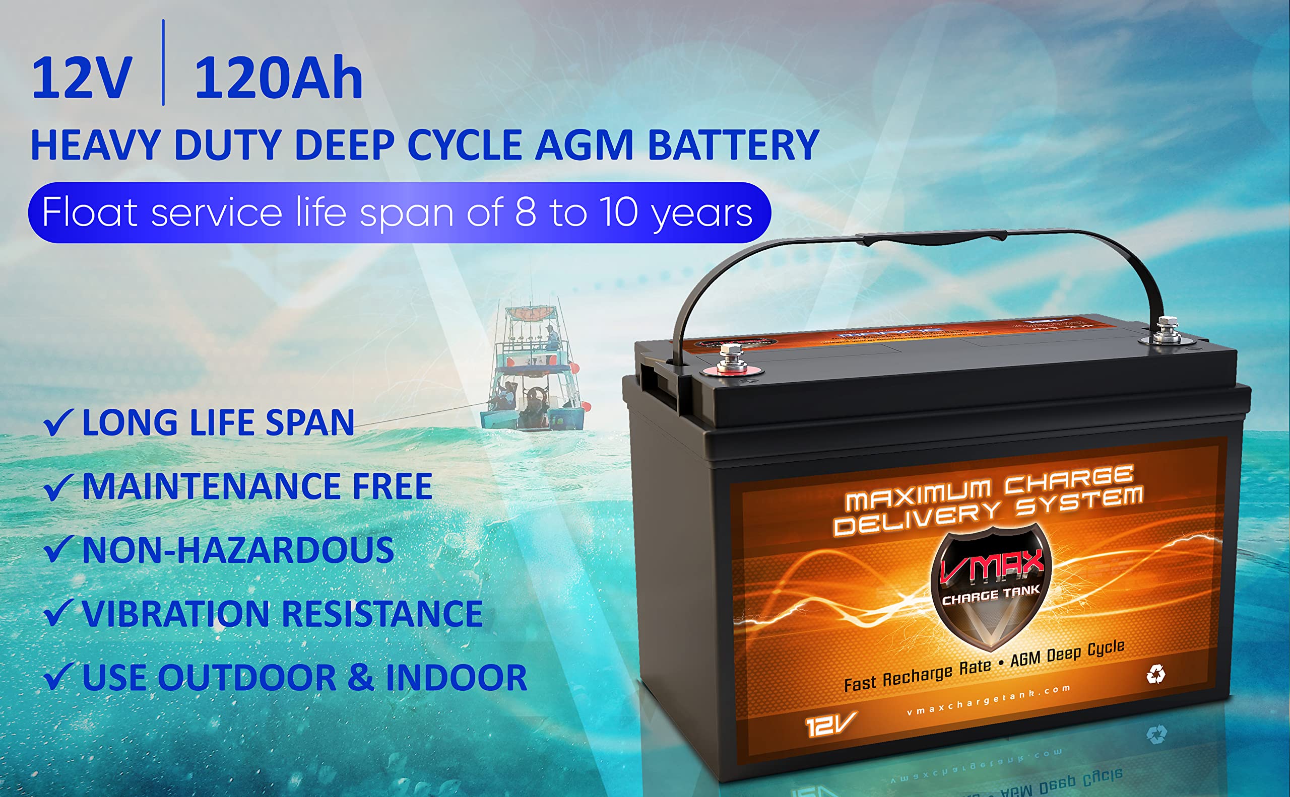 VMAXTANKS MR137 AGM Sealed Marine Battery 12V 120Ah for Trolling Motors, BCI Group 31