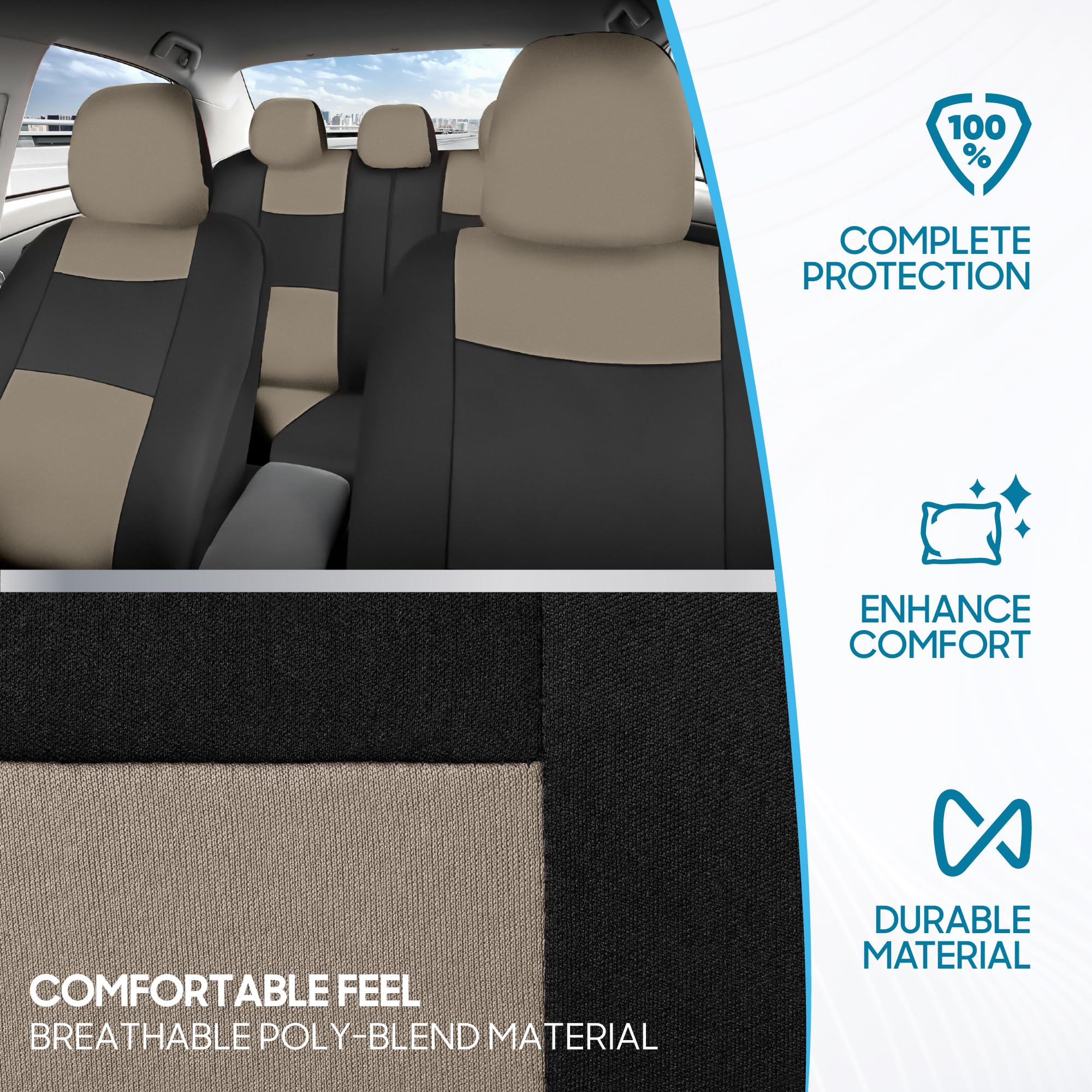 BDK PolyPro Car Seat Covers Full Set in Light Beige on Black, Front and Rear Split Bench Seat Covers for Cars, Easy to Install C