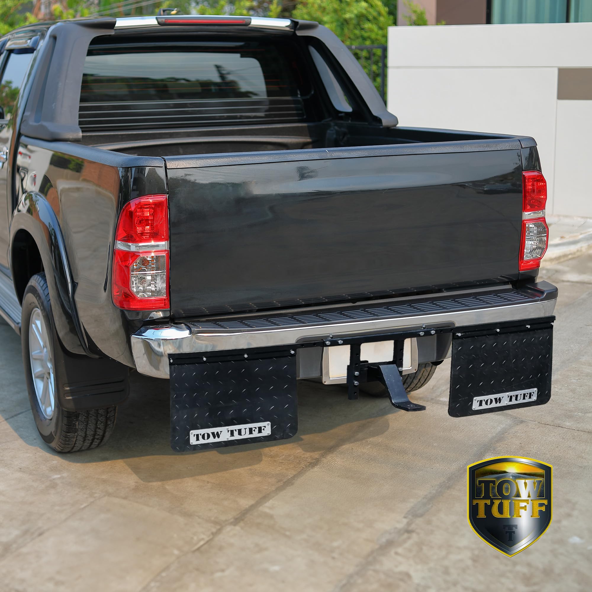 Tow Tuff 18 X 24 Inch Universal Hitch Mount Rubber Rear Splash Guard Towing Mud Flaps With Width And Height Adjustments, Black