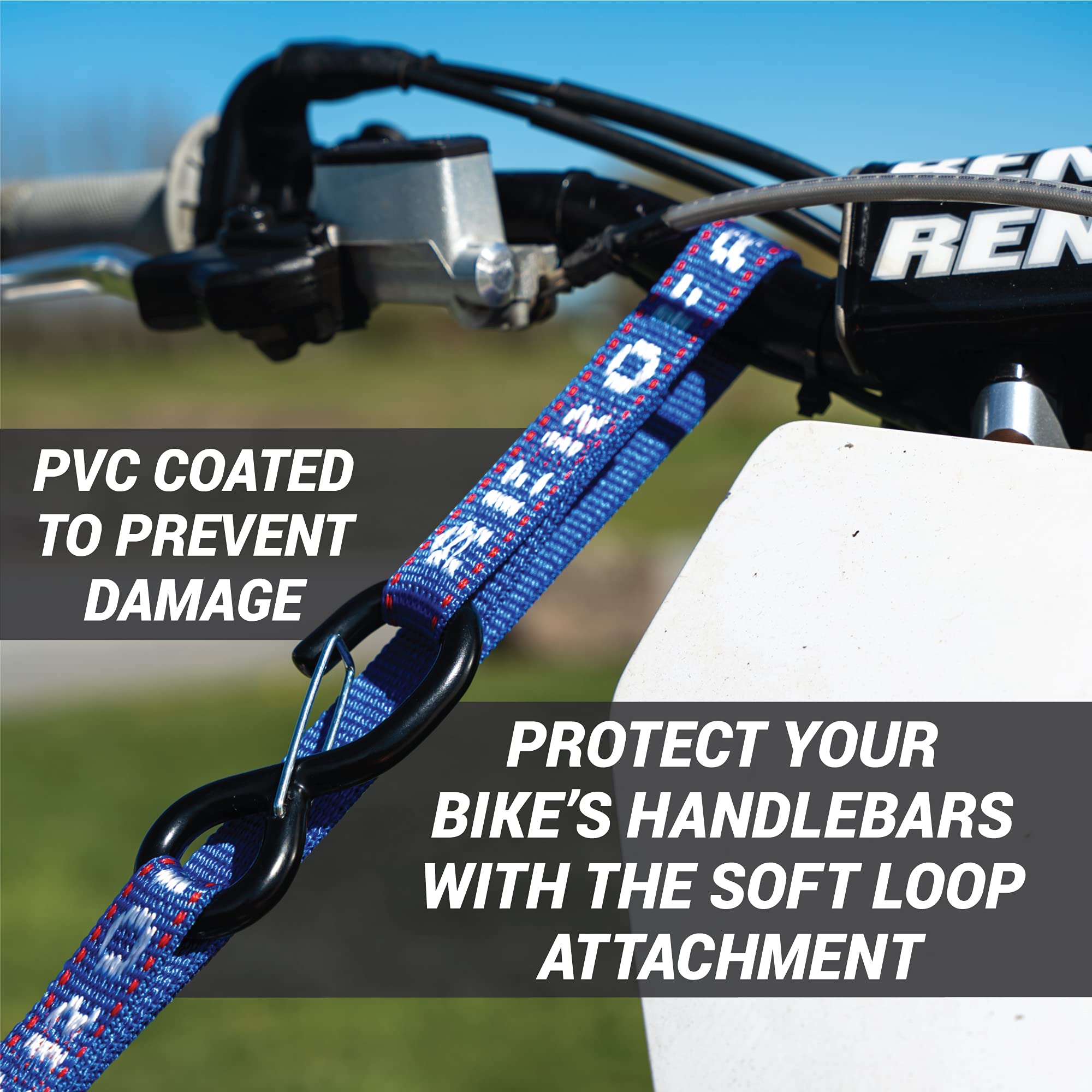 Motorcycle Tie Down Straps 1'' x 8 Heavy Duty Cam Buckle Straps with Soft Loops & Safety Hooks - Motorcycle Straps for Securing