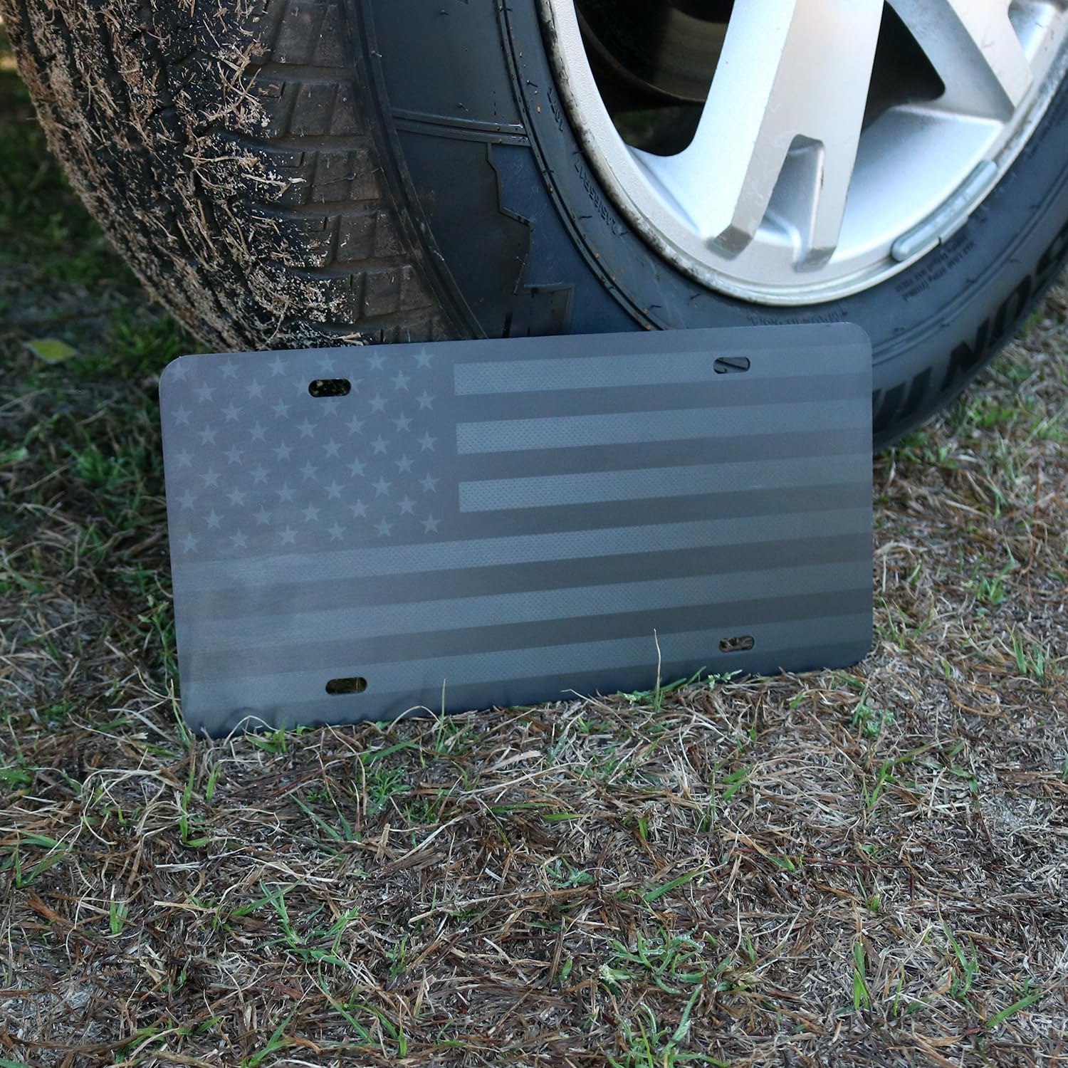 Not Made In China Almost Invisible Hidden American Flag License Plate Matte Black On 1/8'' Black Aluminum Composite Heavy Duty T