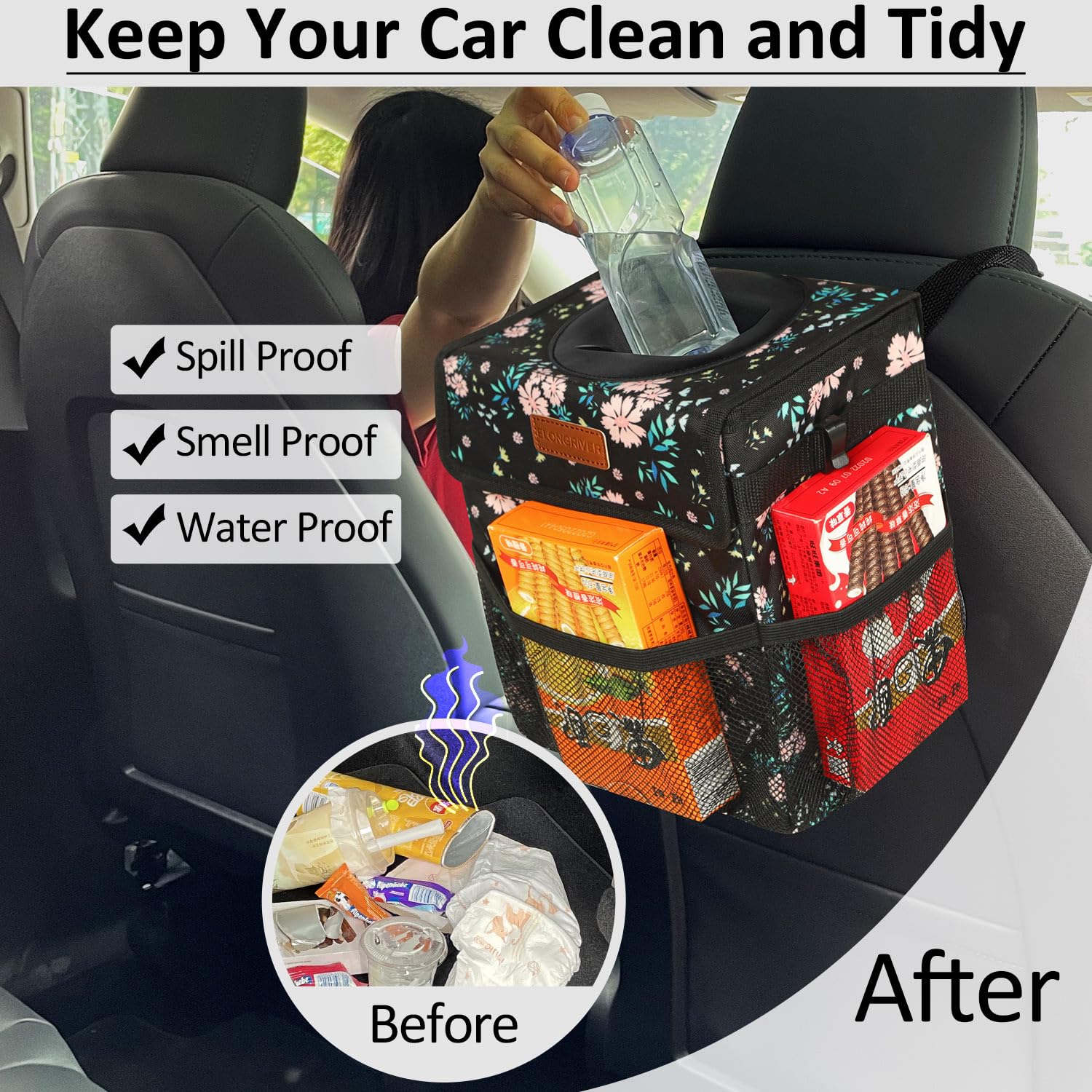 ELONGRIVER Car Trash Can Bin - 2 Gallon Leak Proof Polyester Vehicle Trash Bag, Colorful Floral, for SUV, Truck, Van, Model 220908-10