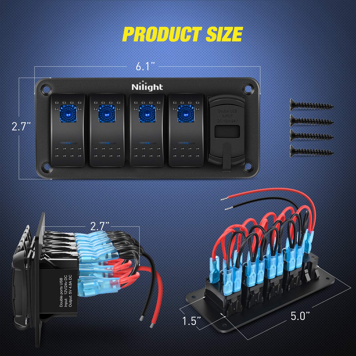 Nilight 4 Gang Rocker Switch Panel with 4.8 Amp Dual USB Charger Voltmeter Waterproof 12V 24V DC Rocker Switch with Night Glow S