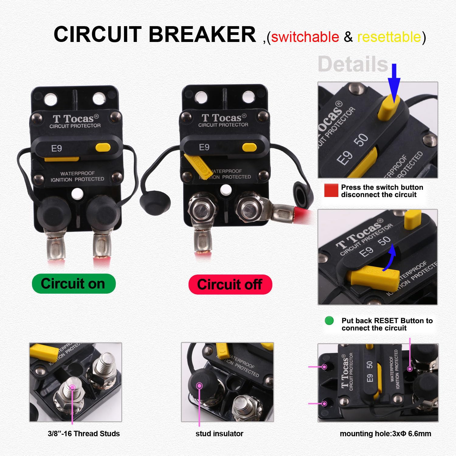 T Tocas 250A Circuit Breaker for Car Audio & Marine, Waterproof 12V-48V DC, 3/8" Studs, Manual Reset