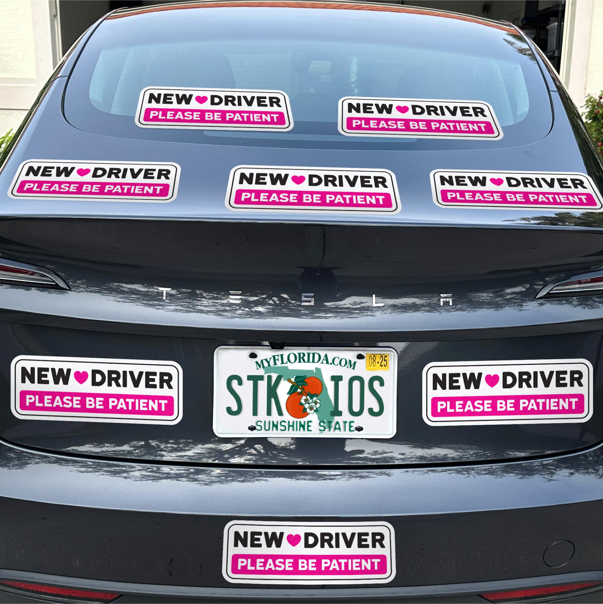 Stickios Non-Magnetic Pink New Driver Stickers - Removable Vinyl Decals for Cars & Windows - Made in USA (10.75x4 inches, 8-Pack