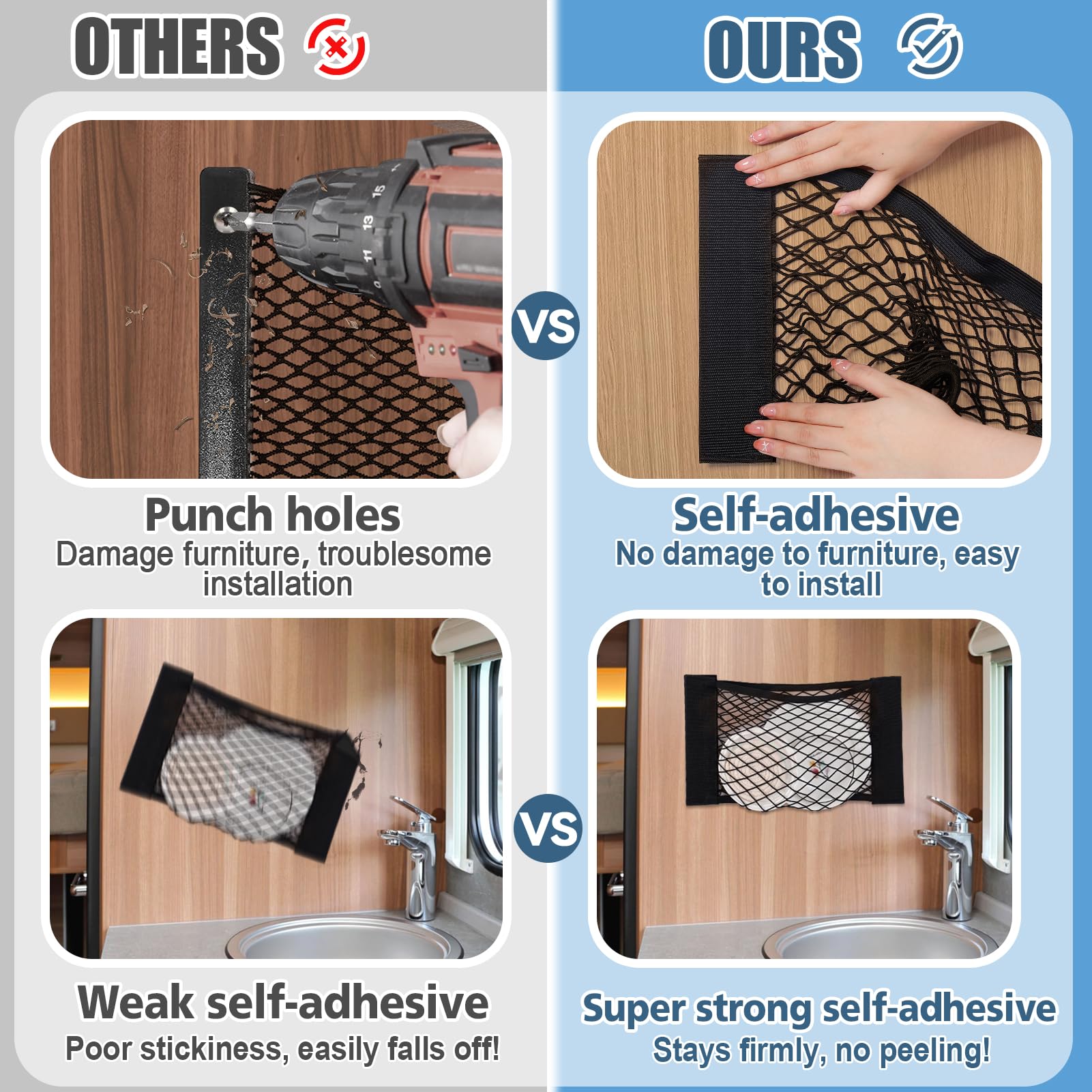 Bigmeta 2PCS RV Cargo Storage Mesh Net, Elastic Stretchable Netting Pocket with 4 Adhesive Strip Wall Sticker for SUV, Truck(17.