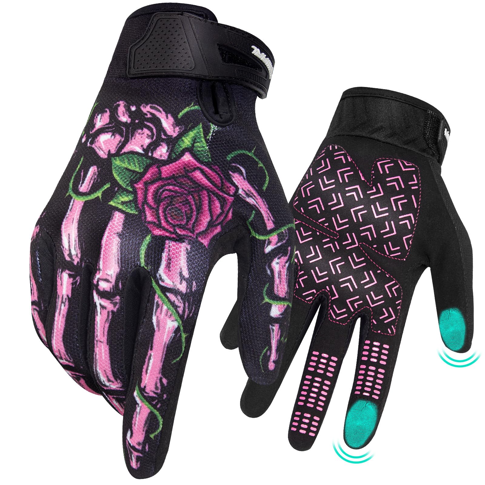 Rigwarl Women 'S Touchscreen Motorcycle Gloves - Pink Skeleton, Breathable, Non-Slip, Full Finger For Mountain Bike, Cycling, Hi