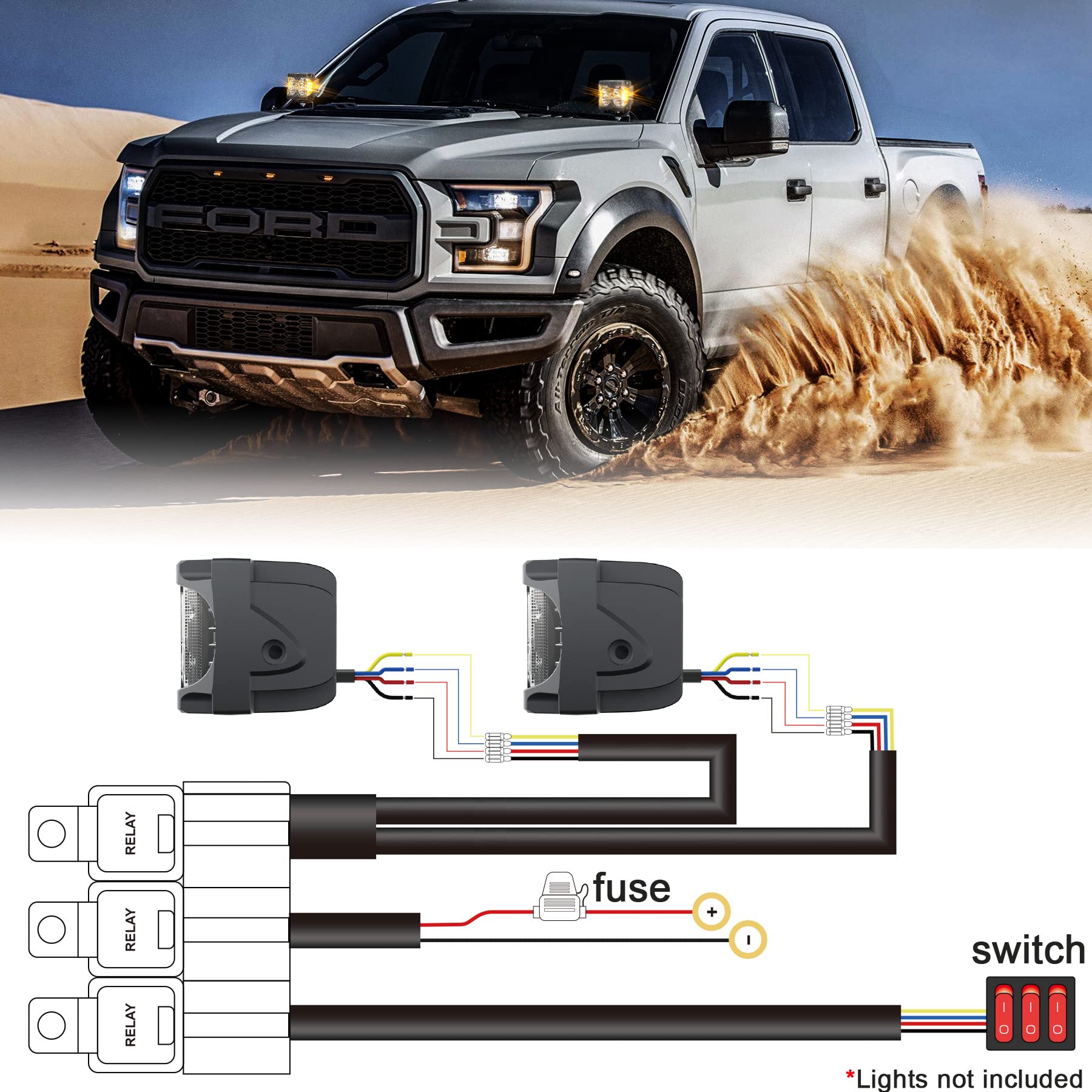 2 Leads Wiring Harness Kit With 3 On Off Switches, Povtor 12V 4 Wires Led Side Shooter Pods Wiring Harness For Off Road Heavy Du