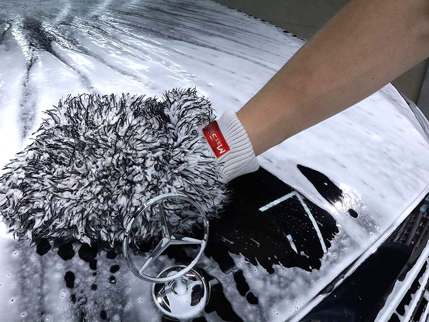 Maxshine Microfiber Wash Mitt (White & Black) - Premium Car Detailing Mitt, Scratch-Free, Lint-Free Glove for Washing Cars, Truc
