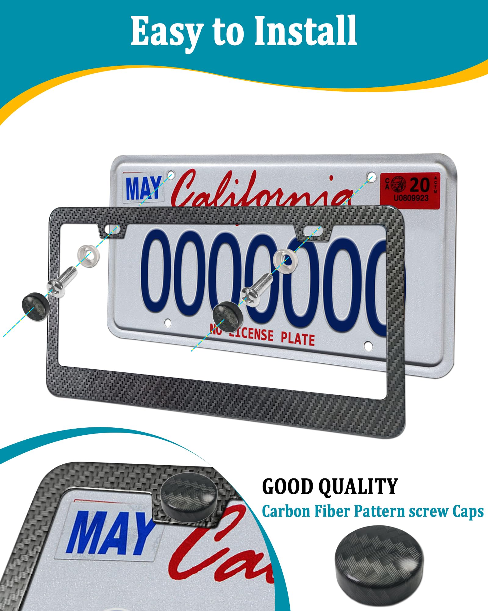 Aootf Carbon Fiber License Plate Frames - 2 Pack Black Aluminum 2 Holes Front & Rear Car Tag Cover Holder With Stainless Steel Screws, Caps And 2Pcs Anti-Rattle Foam Pads