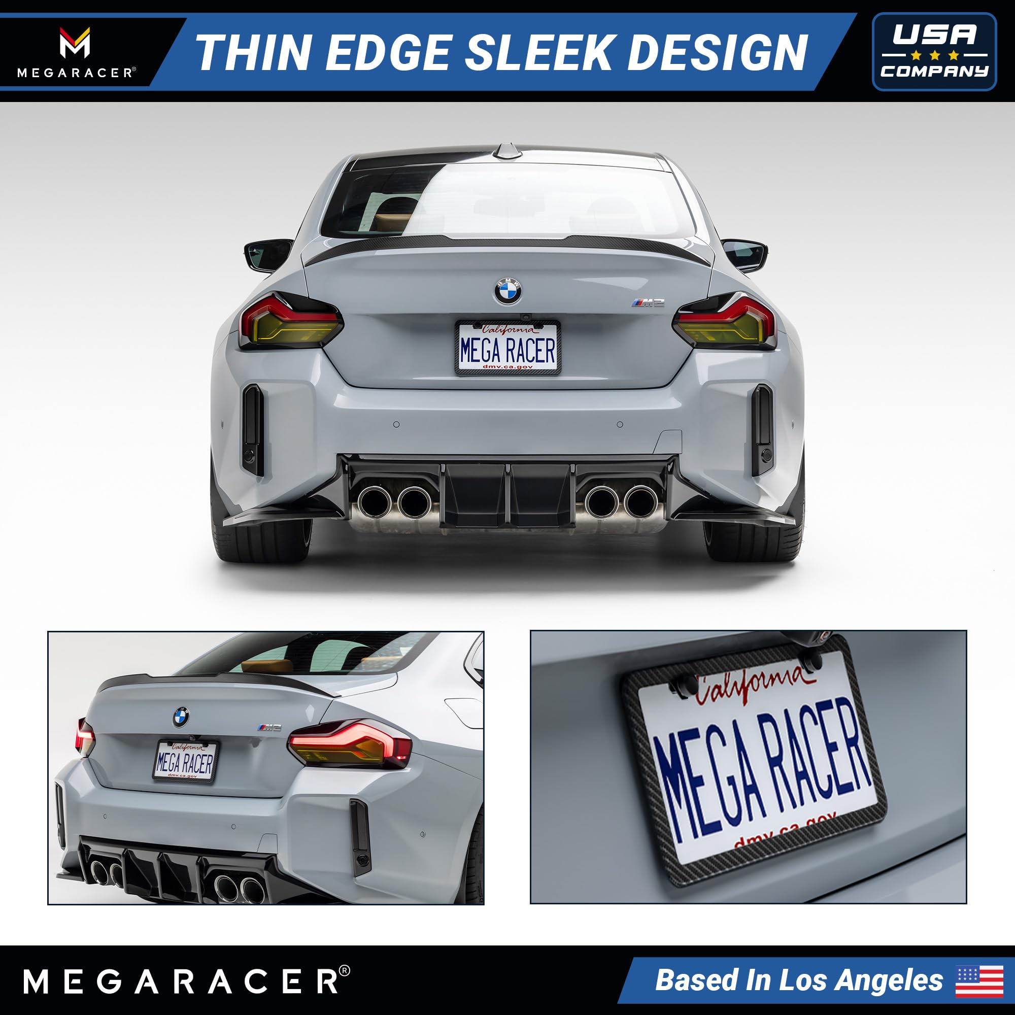 Slimline Carbon Fiber Metal License Plate Frames | 2 Pack | Screws Fits Bmw Tesla Mercedes Porsche Audi Lexus | Slim Thin Cool B
