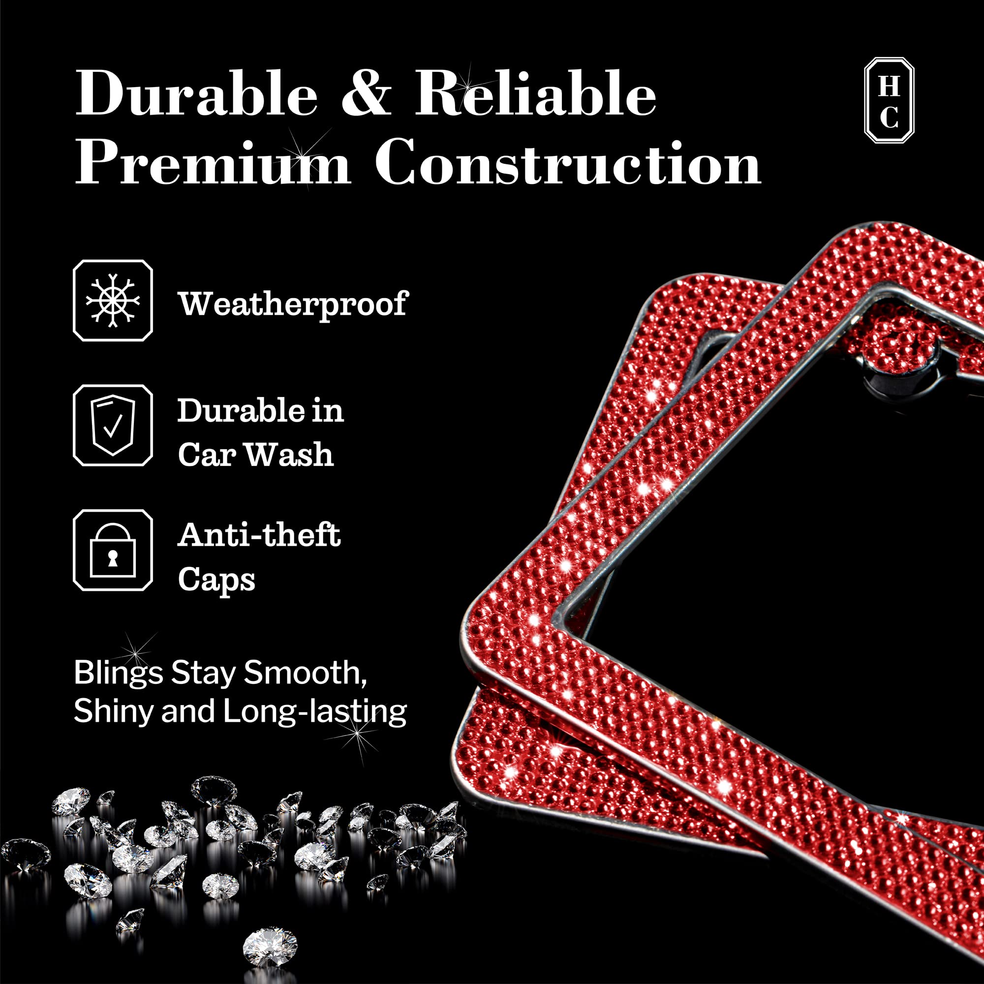 Handcrafted Rhinestone Bling License Plate Frames For Women, Men | 2 Pack Bedazzled Cover With Glittery Screw Caps | Stainless Steel Clear Crystal Sparkle License Plate Frame/Cover (Red)