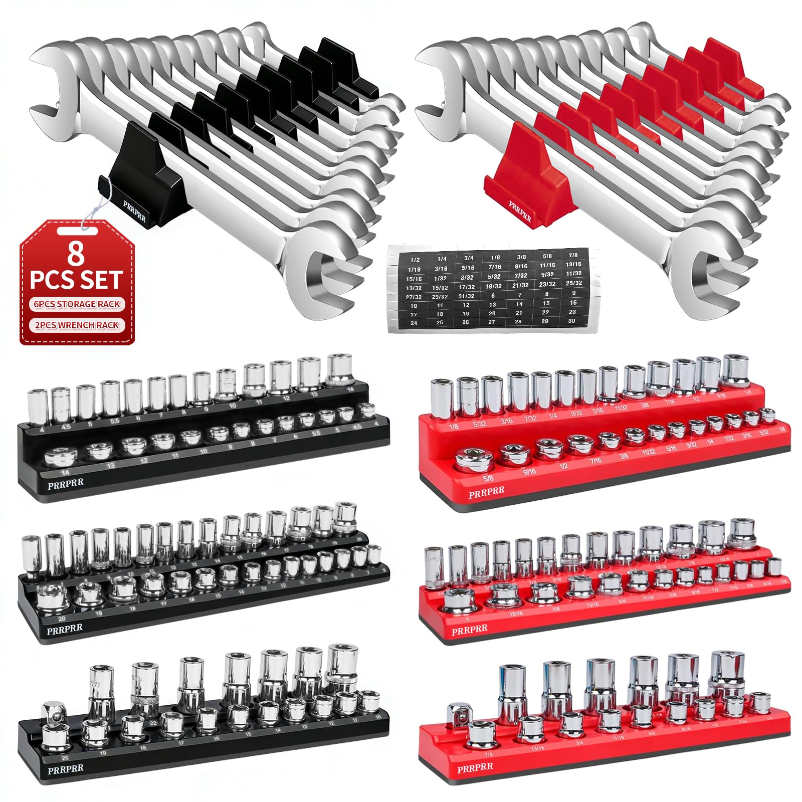 Magnetic Socket Organizer Set, 8PCS Socket Holder, 6 Socket Trays & 2 Wrench Racks, Metric & SAE Tool Box Organizer for 1/4, 3/8