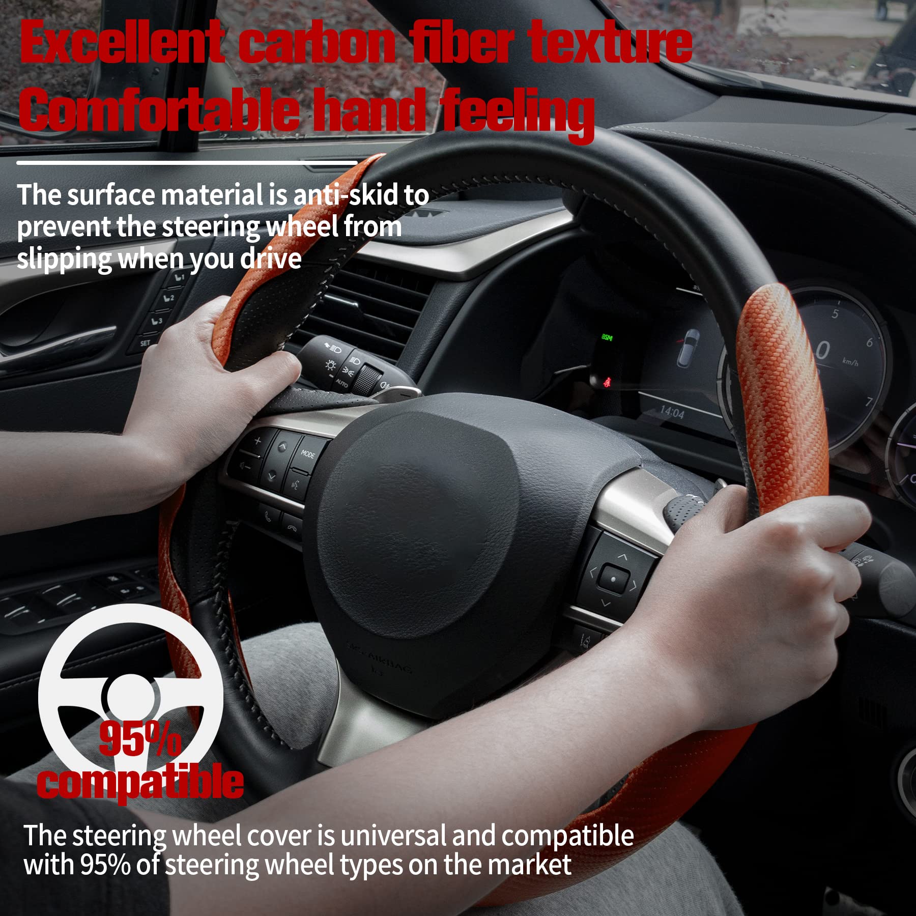 Amiss Car Carbon Fiber Anti-Skid Steering Wheel Cover, Segmented Steering Wheel Protector, Butterfly Steering Wheel Cover, Universal 99% Car Wheel Cover Protector, Car Interior Accessories (Orange)