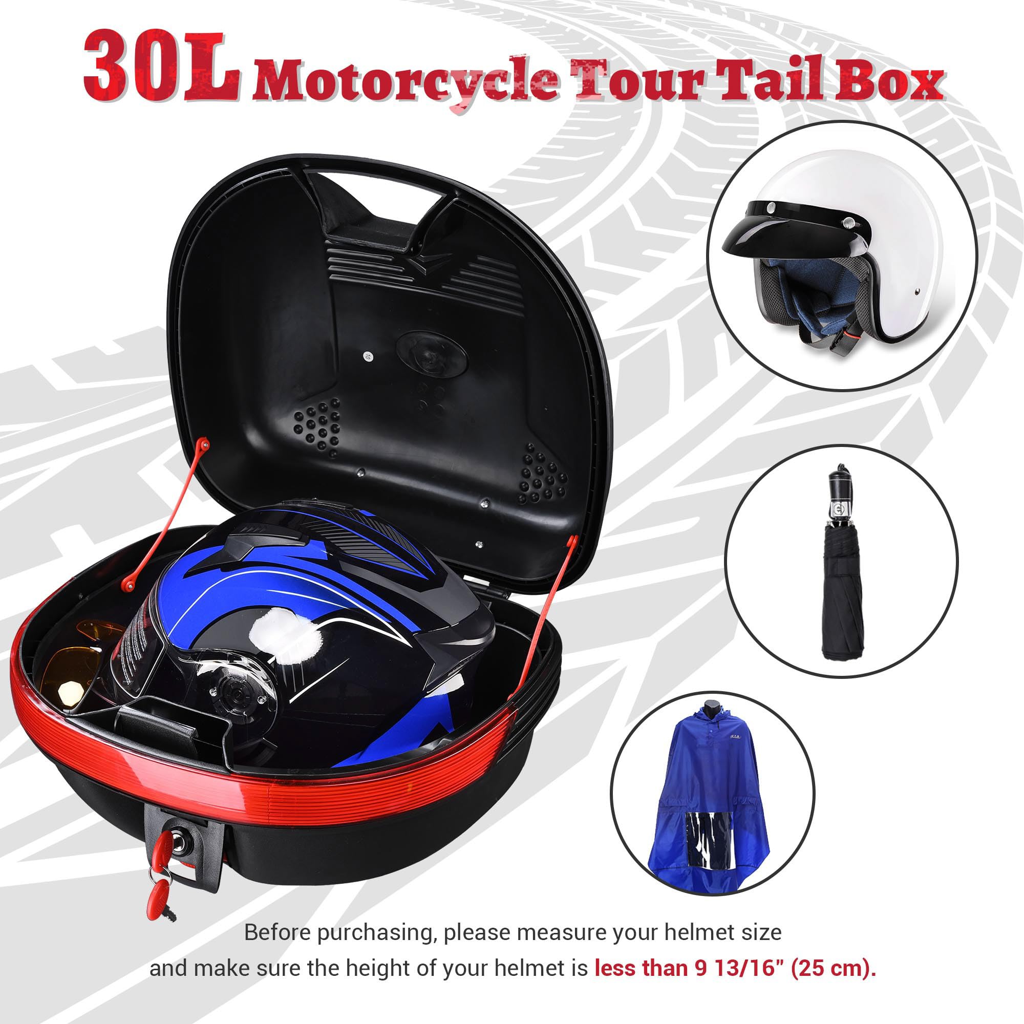 Yescom 30L Motorcycle Top Case Trunk - Black Tail Box Carrier with Lock for Helmet and Luggage - Model 33MTB001-Y503-06