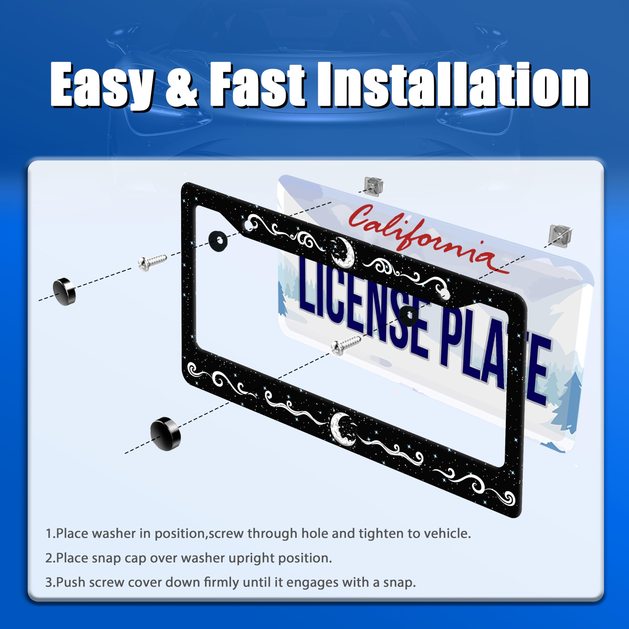 Moon License Plate Frame Stars Waves Starry Sky License Plate Stainless Steel Funny License Plate Holder Galaxy Car Accessory wi