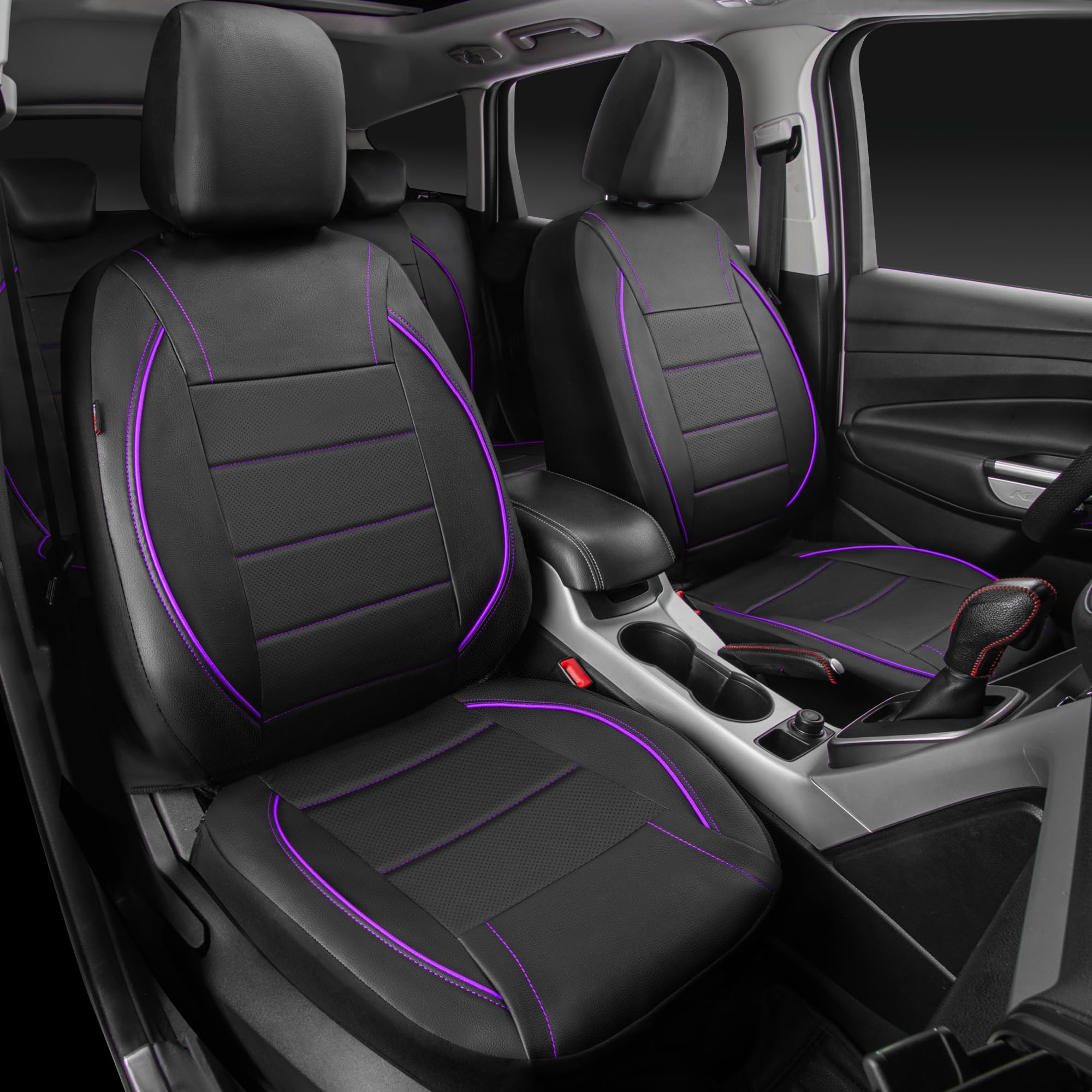CAR PASS PU Leather Car Seat Cover Full Set, Airbag Compatible, Black & Purple
