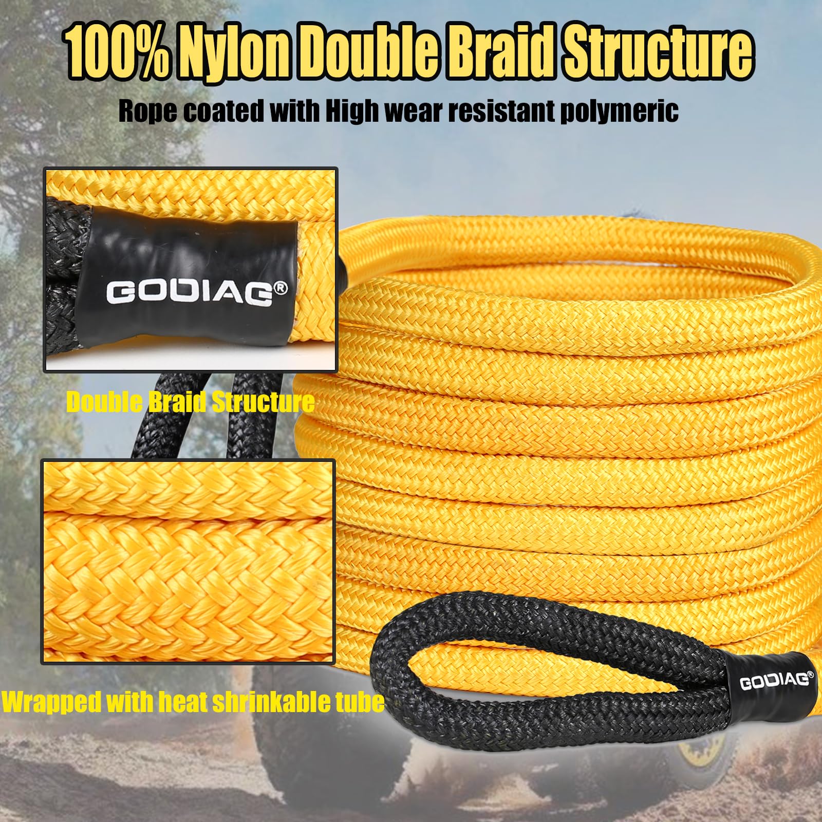 Godiag 1''  20Ft Kinetic Recovery Rope (33000Lbs) Heavy Duty Energy Tow Rope With 2 Soft Shackles, Offroad Power Stretch Snatch