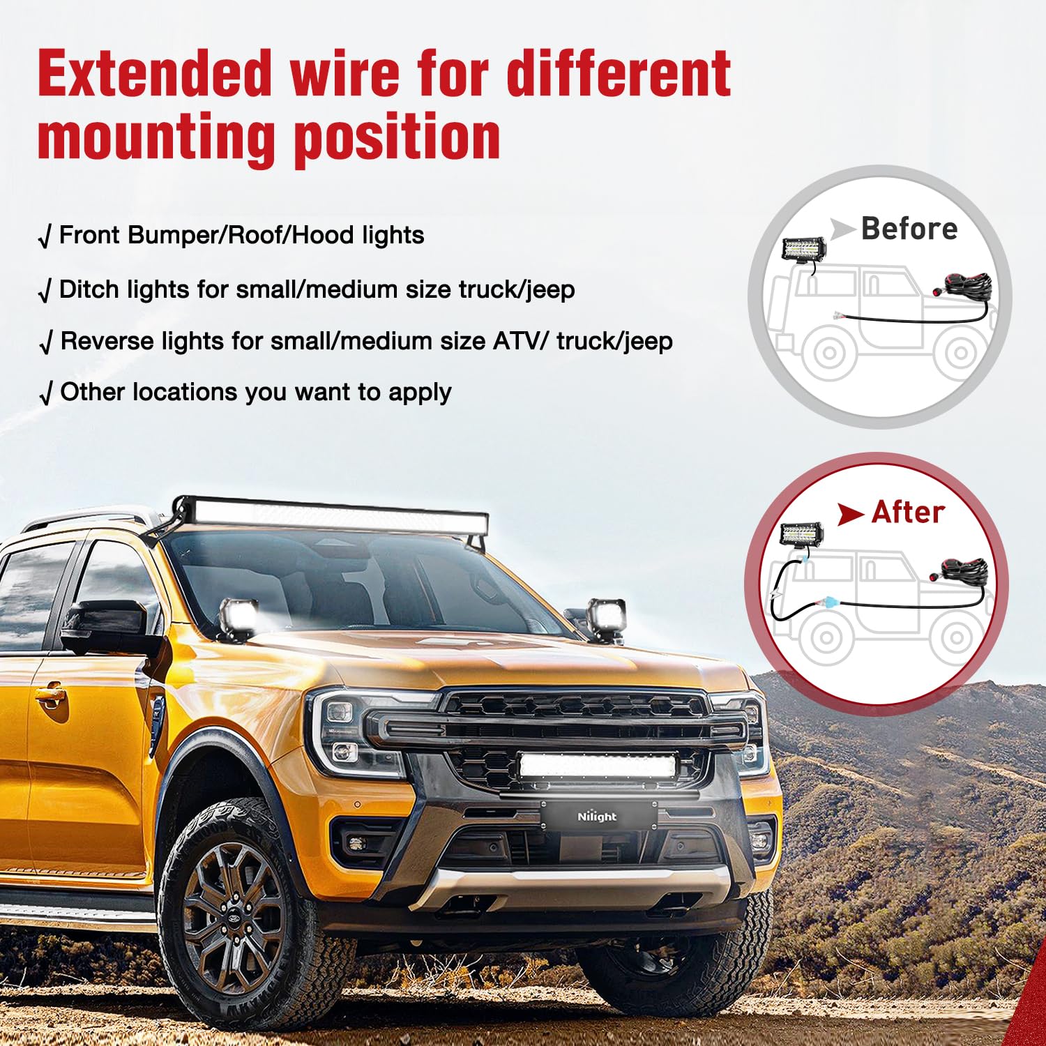 Nilight 2Pcs 14 Awg 10 Feet Wiring Harness Extension Kit For Led Light Bar Work Light Bar Led Pods Off Road Auxiliary Ditch A-Pi