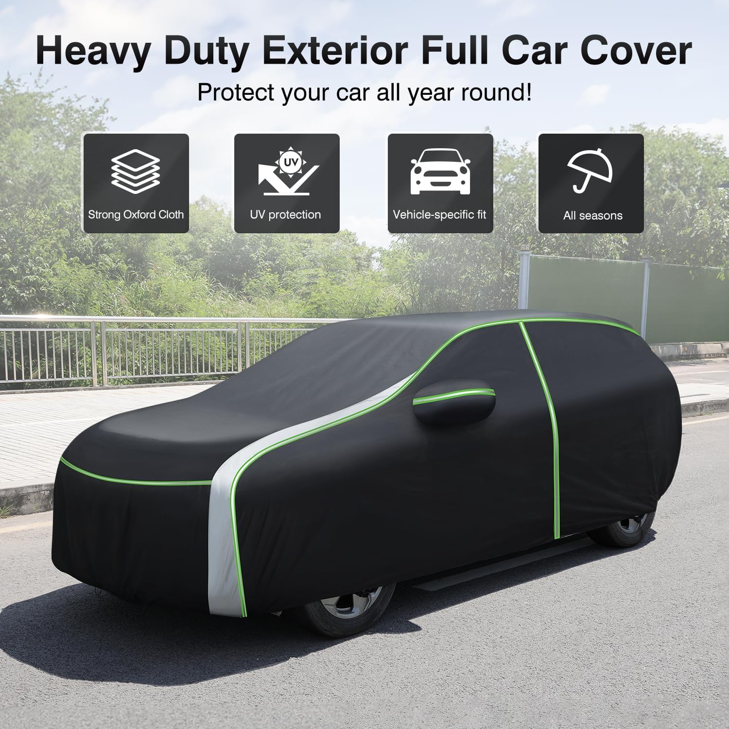 CARTIST 420D Car Cover for Toyota RAV4 1994-2025, Waterproof Oxford, Black/Silver, with Zipper & Reflective Strips
