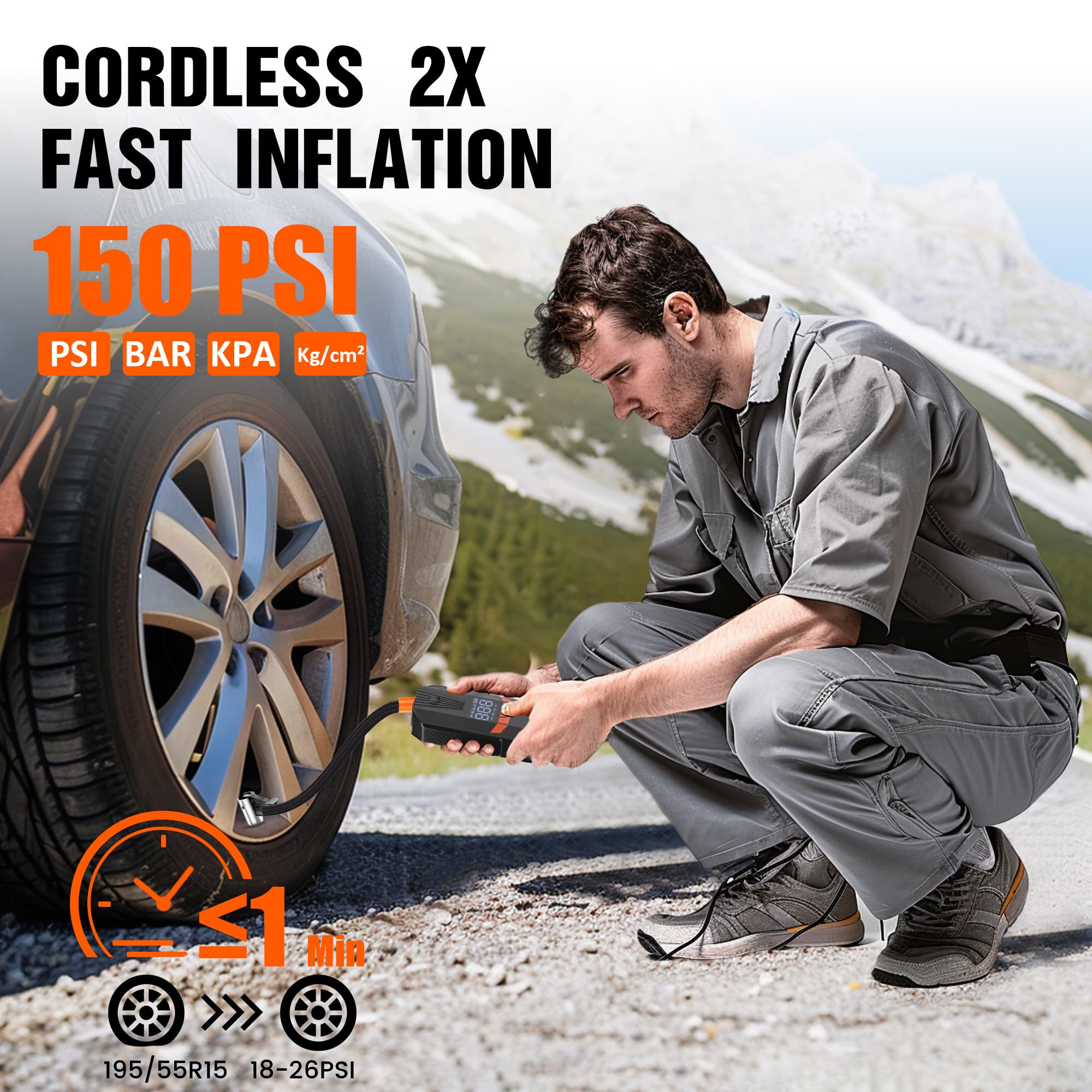 Tire Inflator Portable Air Compressor, 150PSI Cordless Electric Air Compressor with LCD Pressure Gauge, Gifts for Father Him, Qu