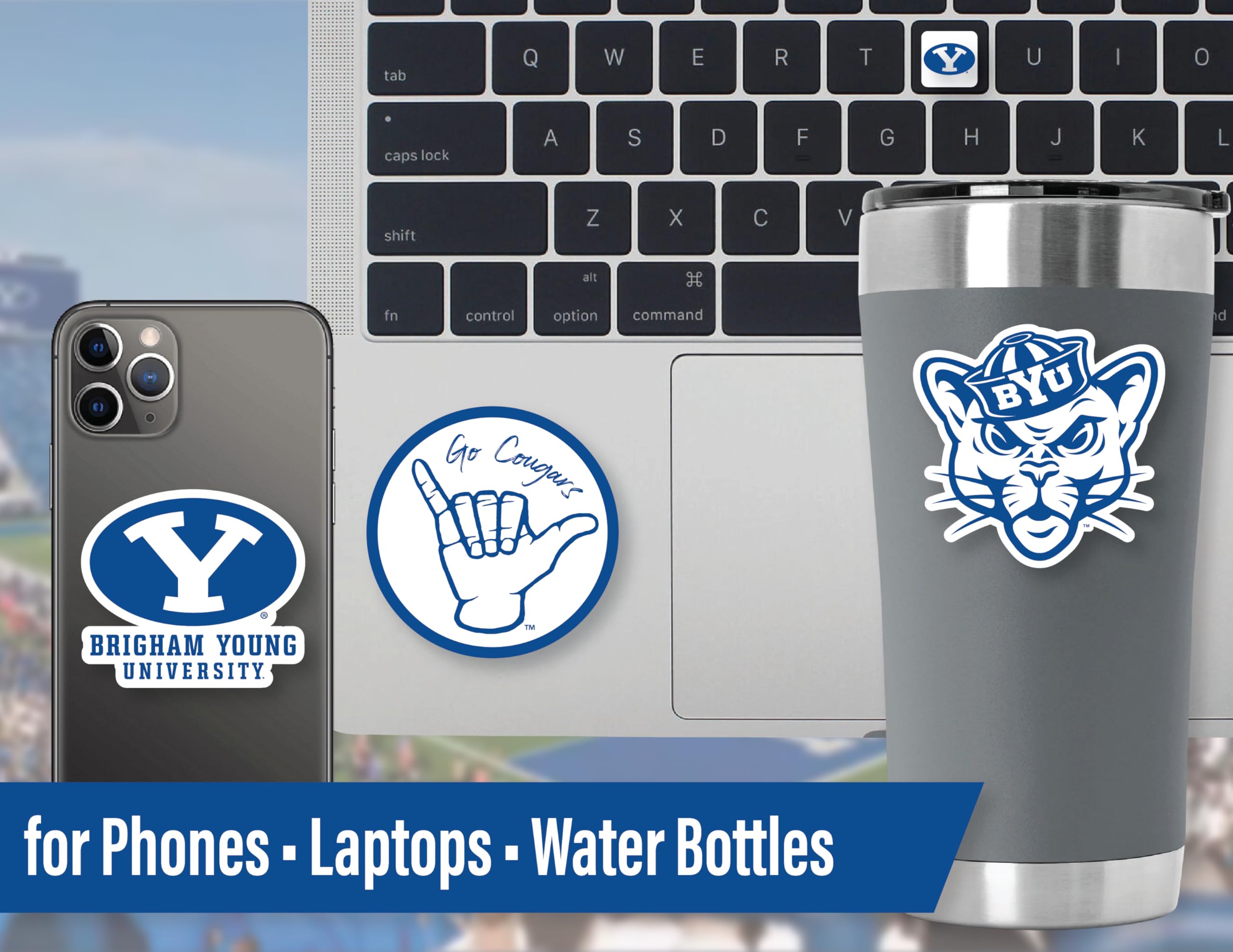 PartyKandy Vinyl BYU Stickers Set - 12 Pack (2) 5" + (10) 2-3" - Team Colors for Gifts, Car, Water Bottle, Laptop,