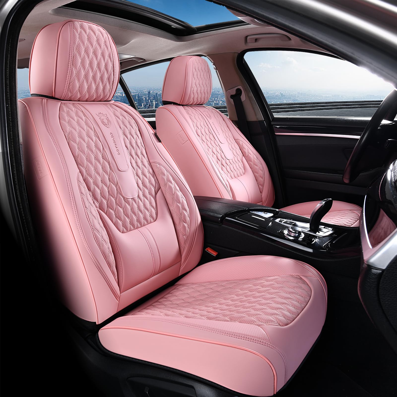Coverado Pink Leather Seat Covers Full Set, Waterproof with Lumbar Support, Model B8859
