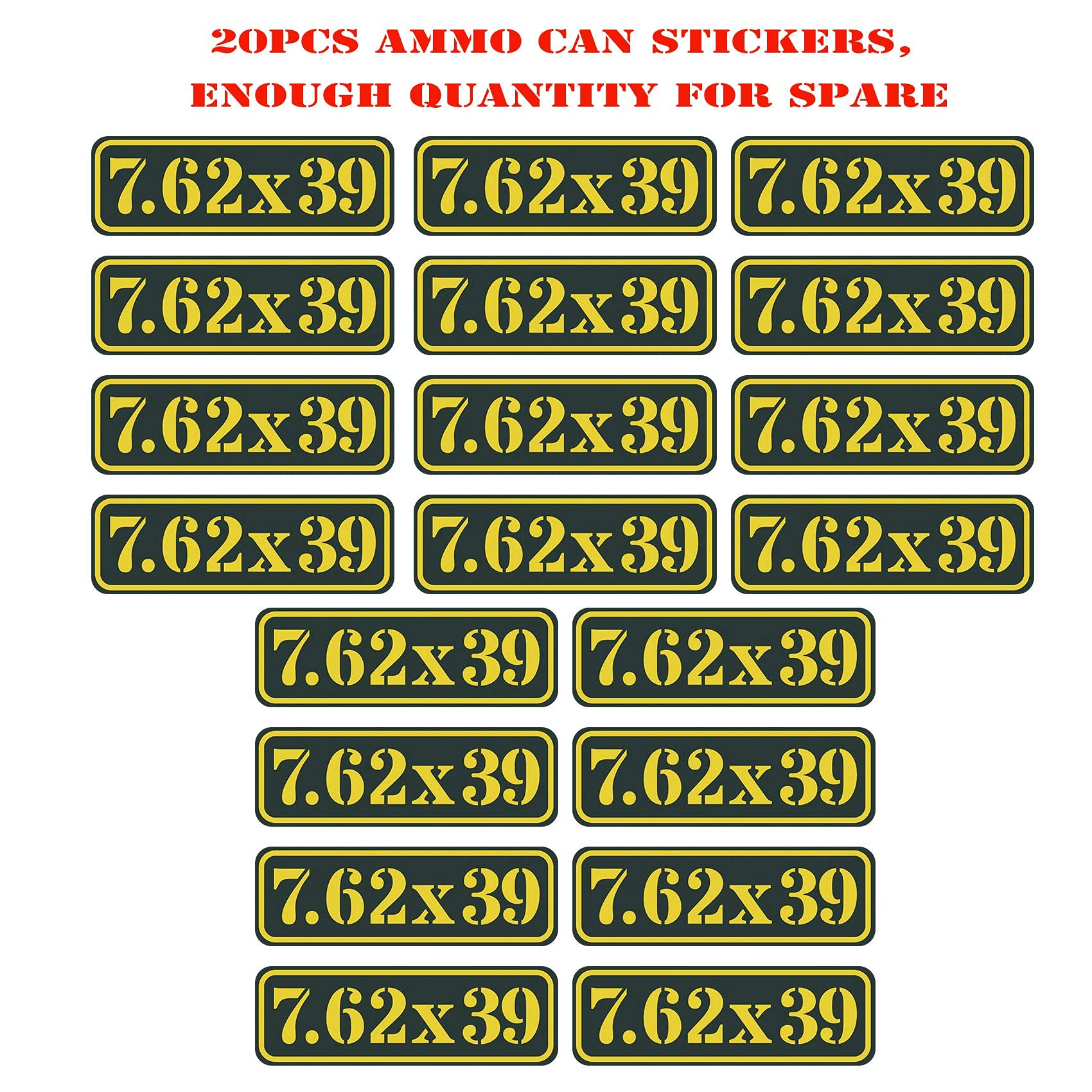 Aolamegs Ammo Can Vinyl Sticker Set Decal Label 9Mm 5.56 7.62 12Ga .22 .223 .308 .300 .380 .45 (20 Pack/7.62*39)