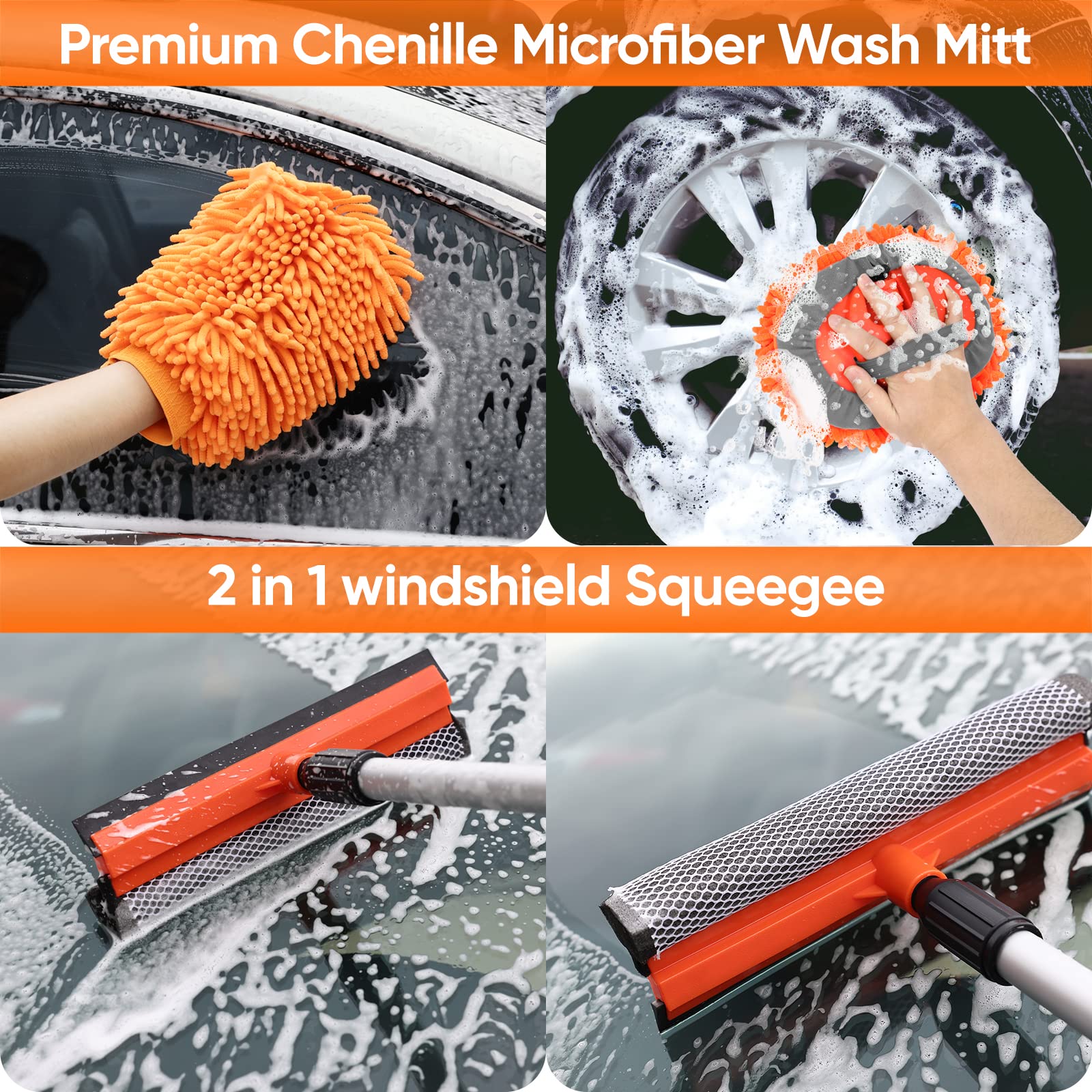 Wontolf 62'' Car Wash Brush, Scratch-Free Soft Bristles, Complete Cleaning Kit, Orange, Model WBRUSH008OG