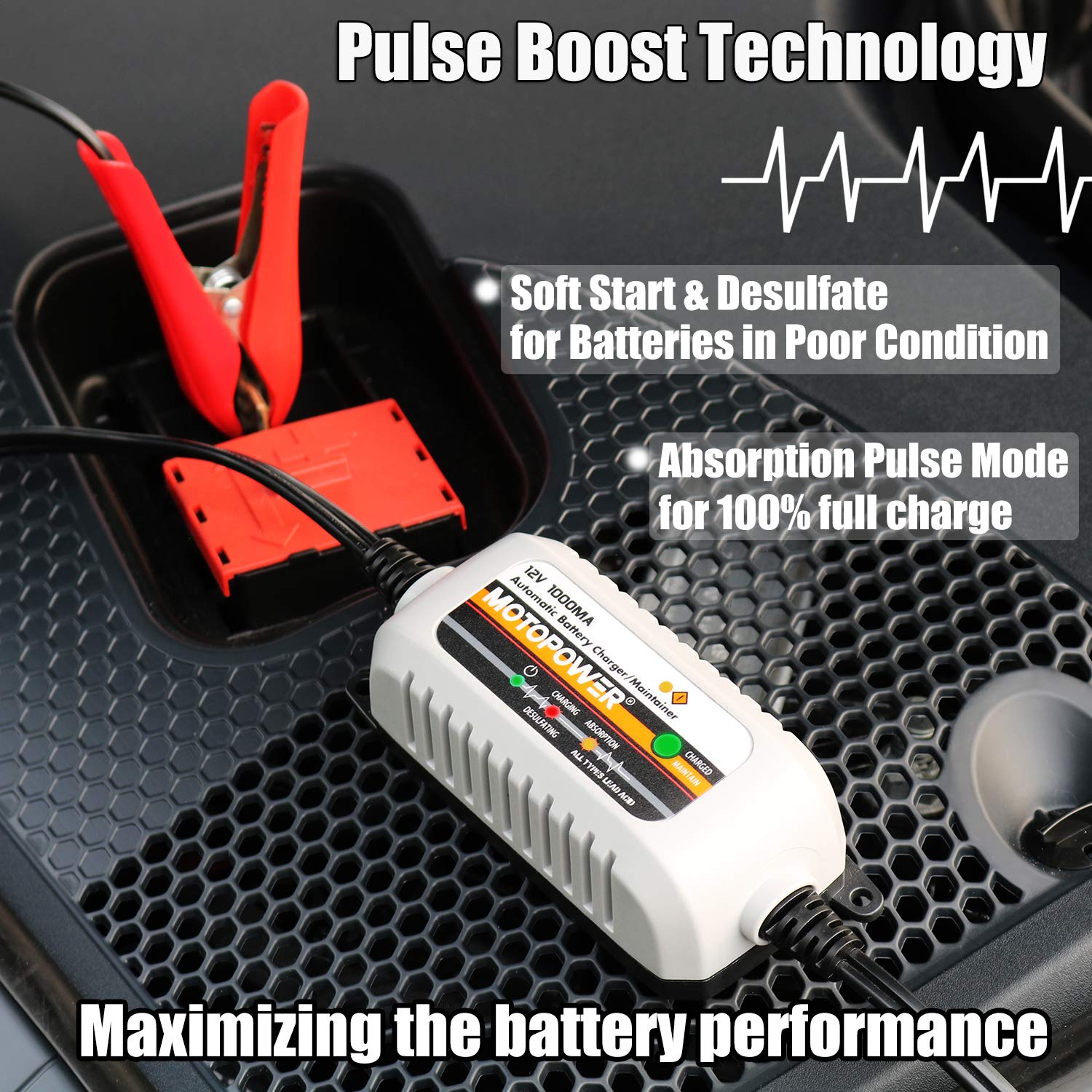 MOTOPOWER MP00205B 12V 1000mA Automatic Battery Charger & Maintainer - Grey