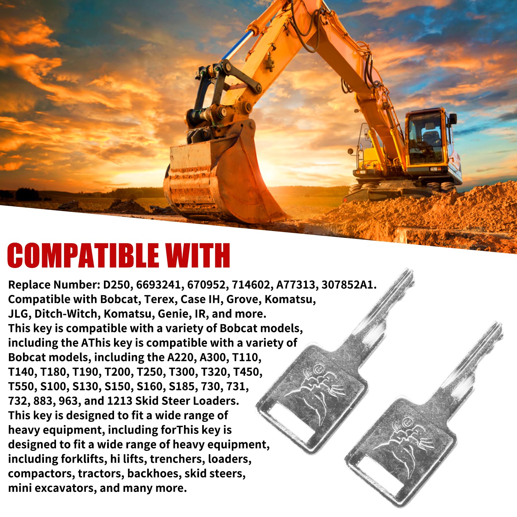 D250 12Pcs Ignition Keys 6709527 6693241 A77313 307852A1 714602 Compatible With Loader Bobcat Skid Steer S100 S130 S150 A220 A30