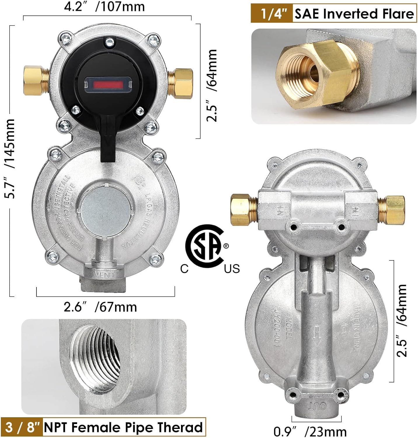 Nqn 2-Stage Automatic Changeover Lp Propane Gas Regulator With Two 18 '' Rv Pigtail Propane Hoses With Gauge, Stainless Braided