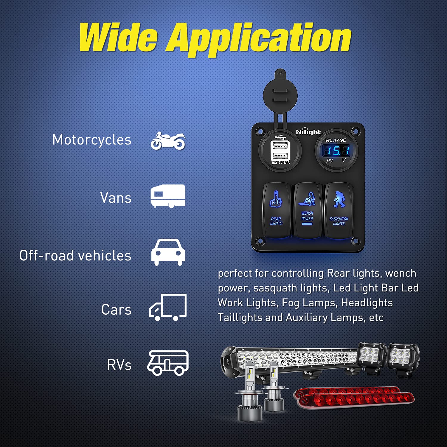 Nilight 3 Gang Rocker Switch Panel USB Charger LED Voltmeter Sasquatch Lights Wench Power Rear Lights Switch On Off Waterproof T