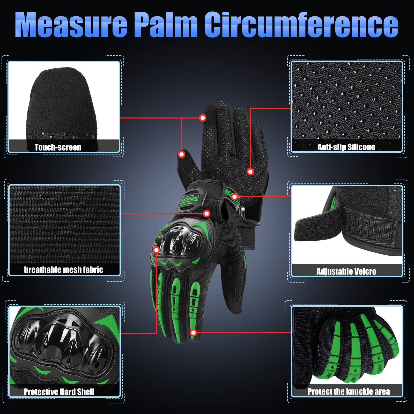 Lvnrids Motorcycle Gloves With Touchscreen Men And Women Racing Gloves For Motocross Bmx Atv Mtb Riding Cycling Green M