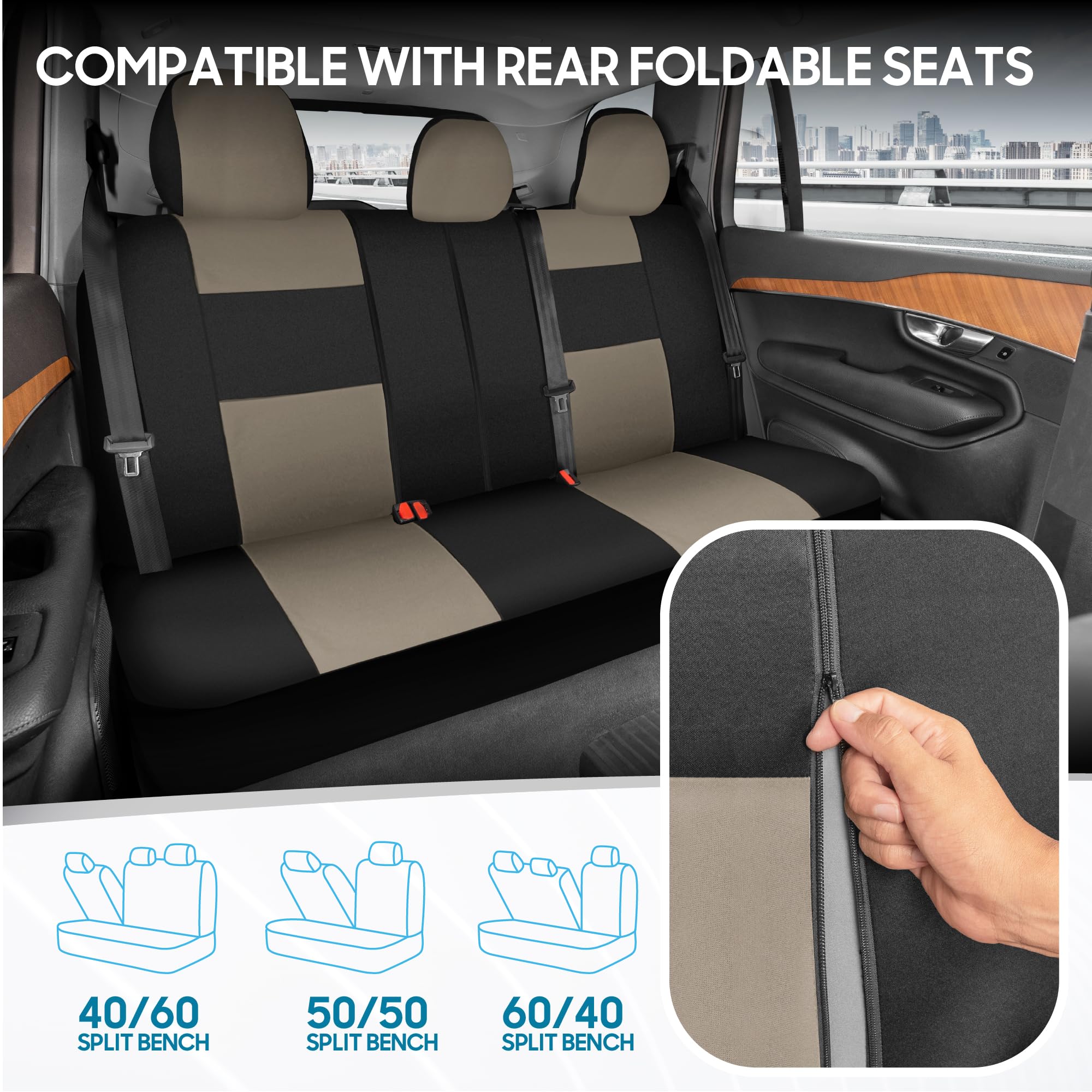 BDK PolyPro Car Seat Covers Full Set in Light Beige on Black, Front and Rear Split Bench Seat Covers for Cars, Easy to Install C