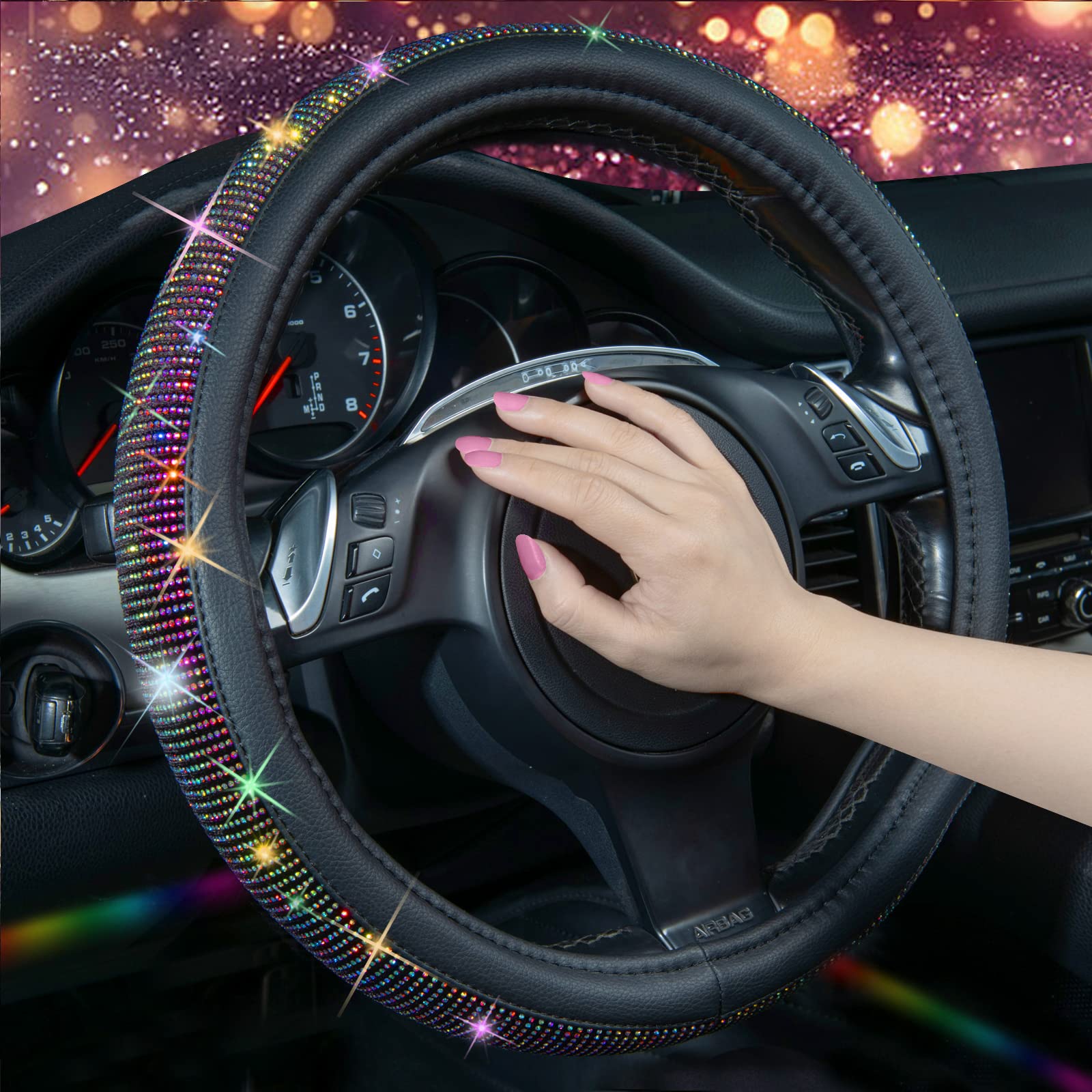 Car Pass Diamond Leather Steering Wheel Cover, With Bling Crystal Rhinestones Fit Suvs,Vans,Sedans,Cars,Trucks Universal Fit 14.