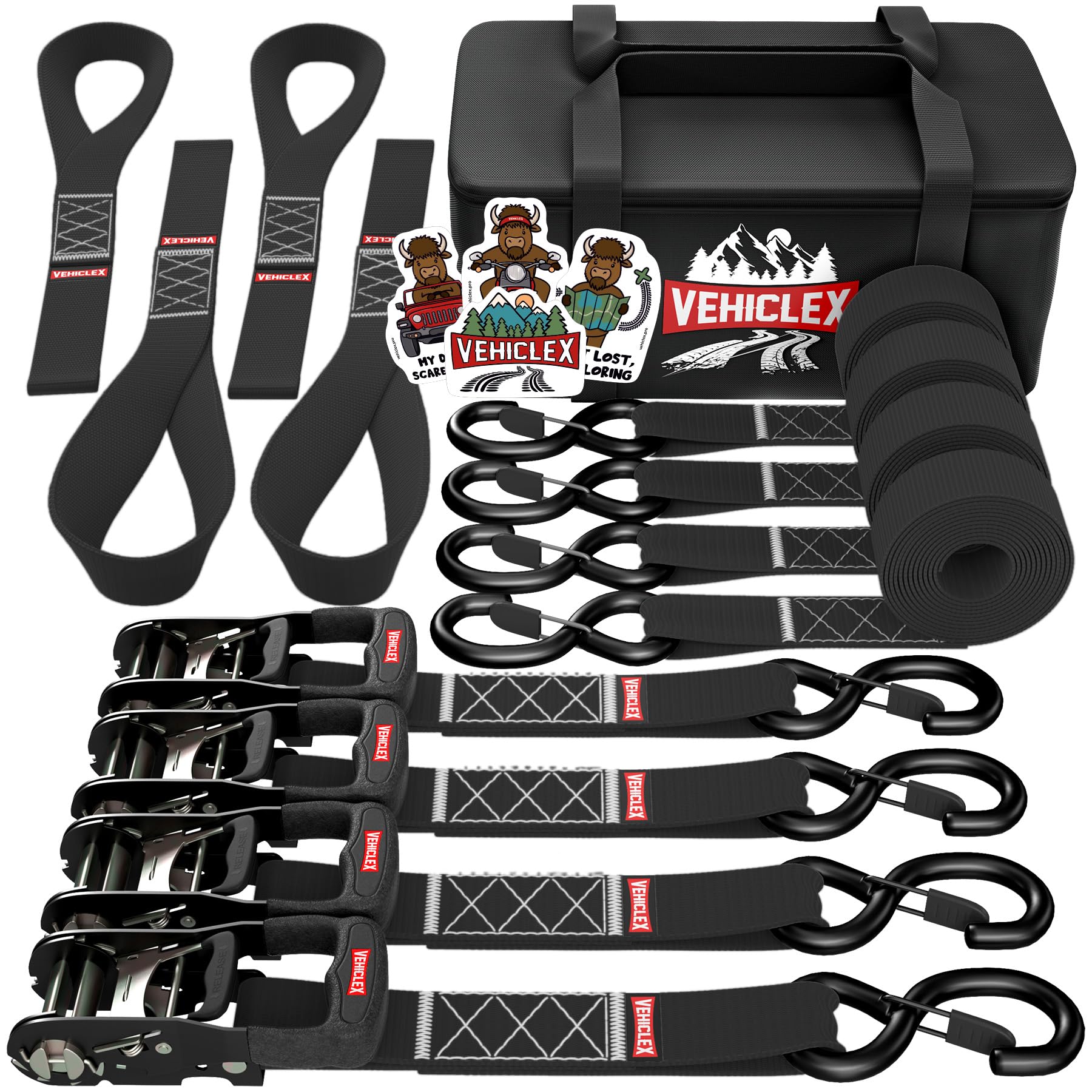 Vehiclex (4PK) Heavy Duty Ratchet Straps & Soft Loops - 1.5'' x 8 ft Kit - 4400 lb Break Strength - Motorcycle & Powersports Tie