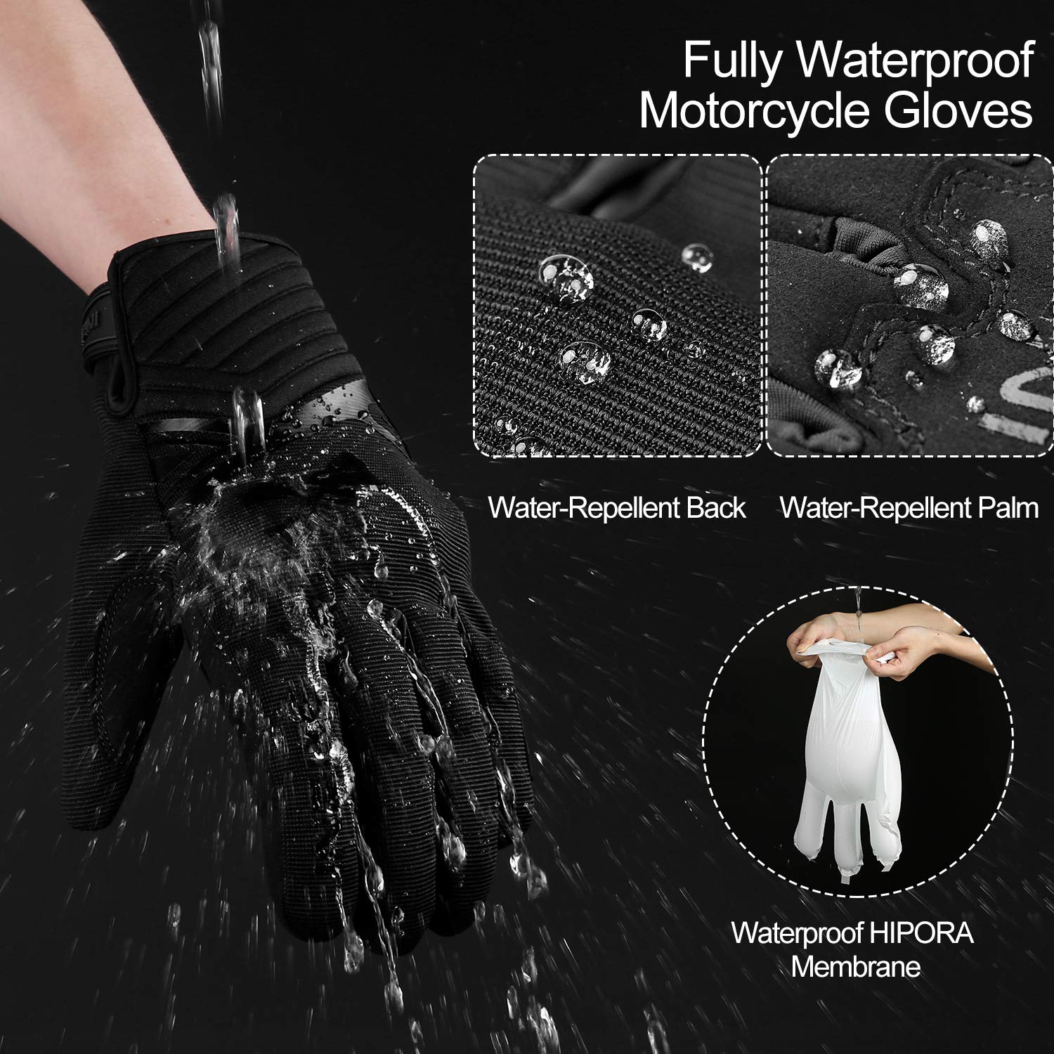 Inbike Waterproof Winter Motorcycle Gloves Thermal Fleece Touchscreen With Tpr Palm Pad Cushioning Hard Knuckle Black Small
