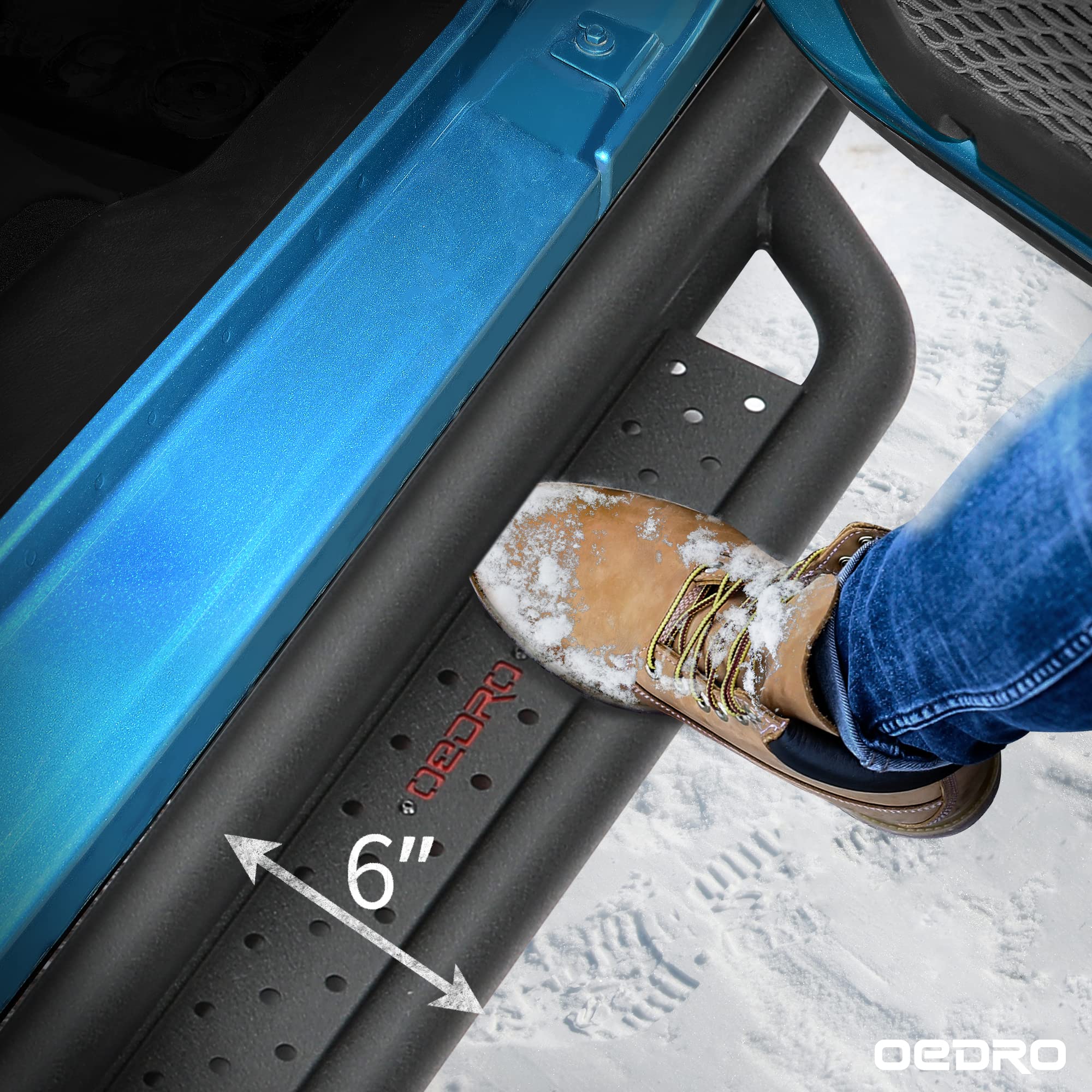 oEdRo Running Boards for 2018-2025 Jeep Wrangler JL, 6" Carbon Steel Side Steps, Black Powder Coated, Leaf Shaped Design