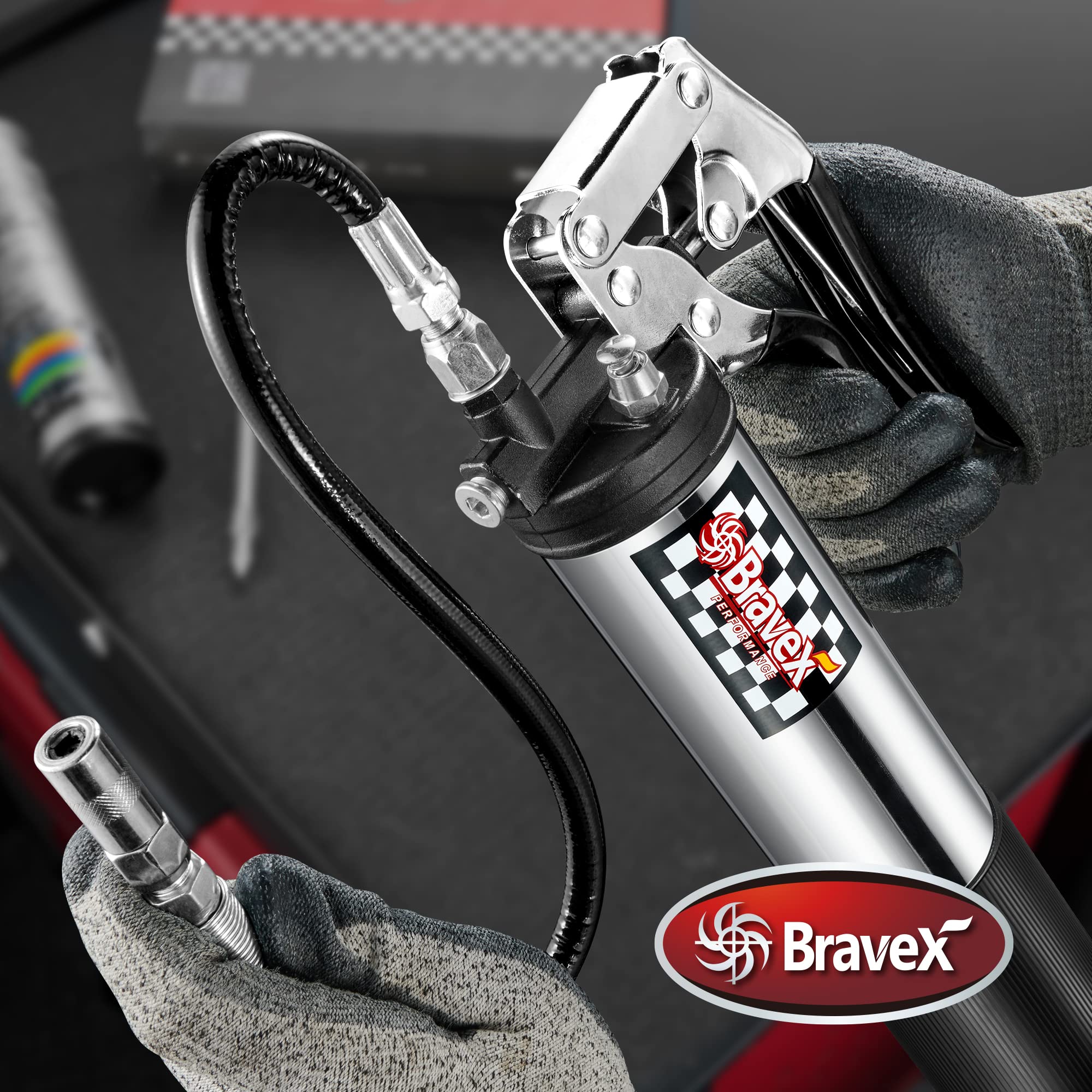 Bravex Heavy Duty Professional Pistol Grip Grease Gun 6000 Psi - 18 Inch Flex Hose