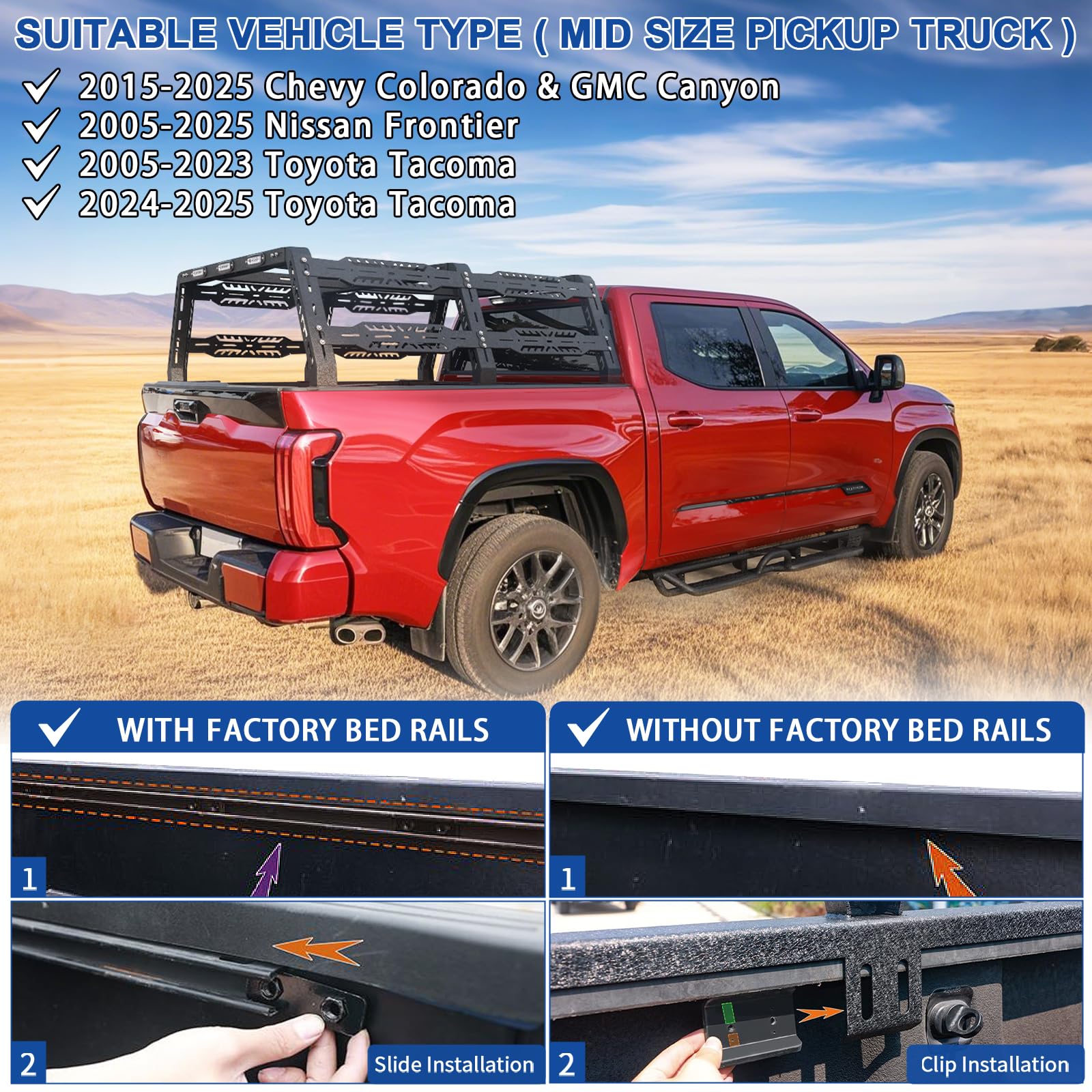 OTHOWE Bed Rack for Mid-Size Trucks - Compatible with Tacoma, Canyon, Colorado, Frontier, Ranger - Black - Model BR-L-MT