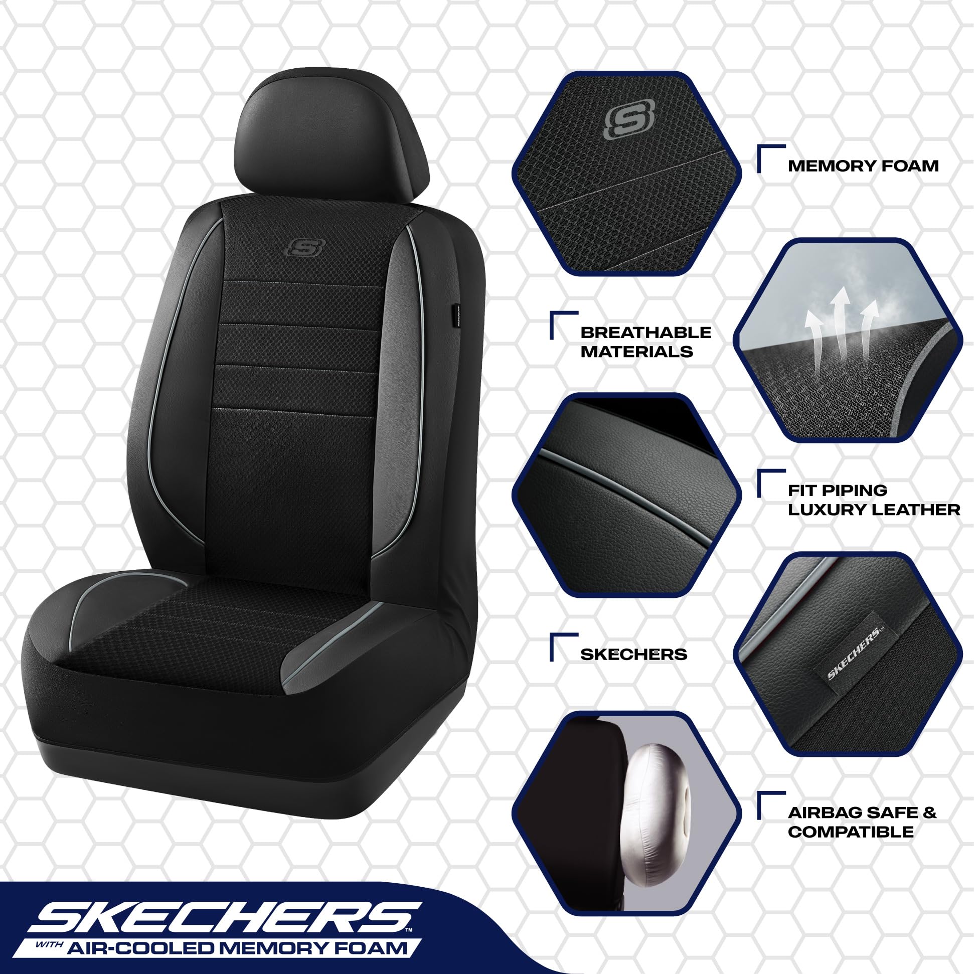 Skechers Memory Foam Seat Covers,Air Cool Mesh Thick Car Seat Covers,Piping Leather Car Seat Protector,Airbag Compatible,Automot